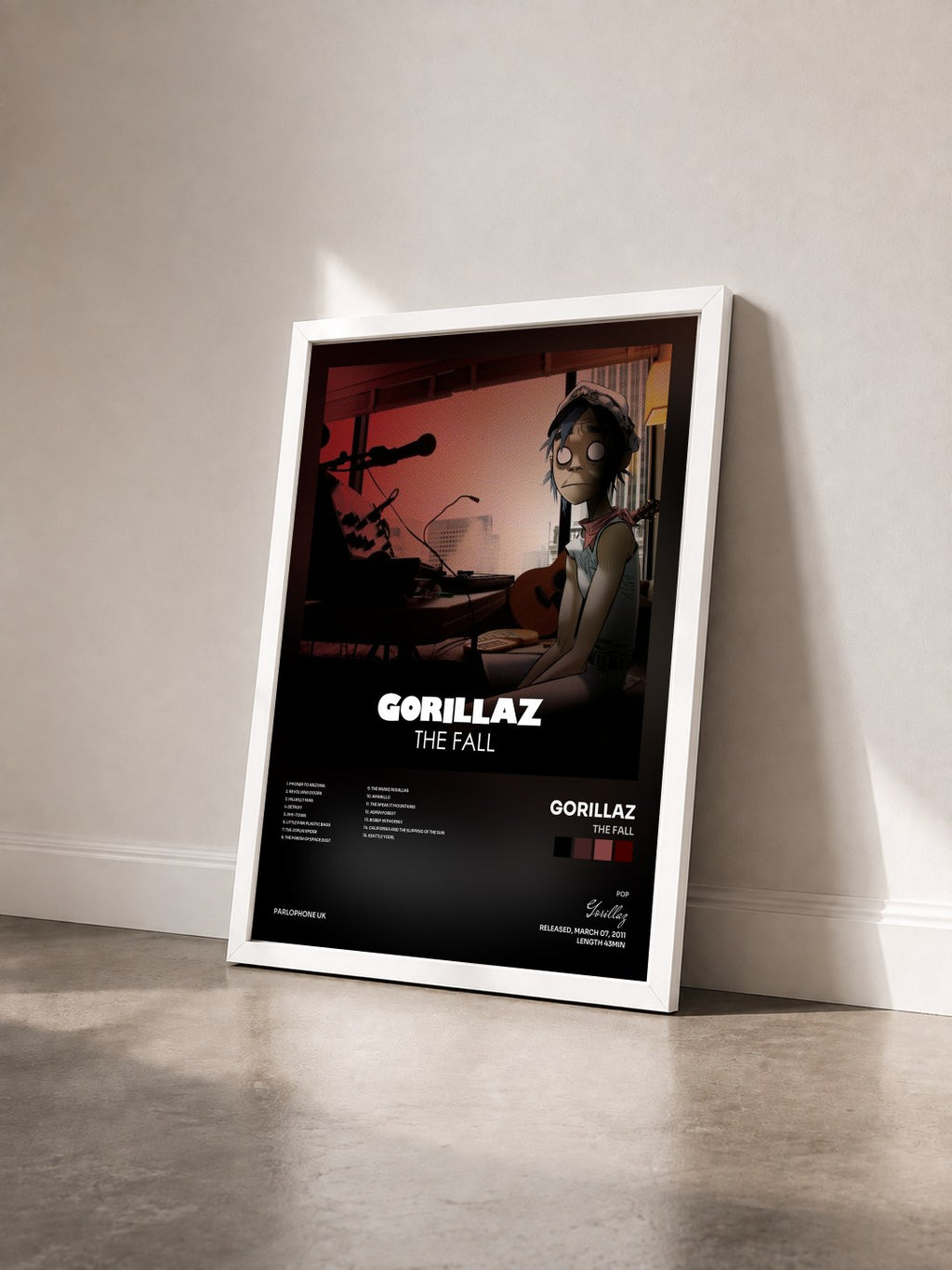 #blanc The Fall by Gorillaz as a framed art print seen at an angle, white frame