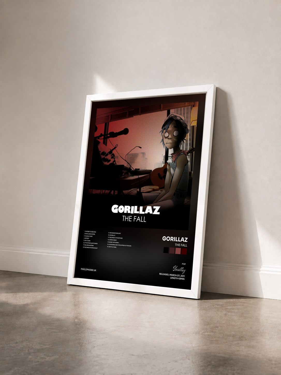 #blanc The Fall de Gorillaz en lámina enmarcada vista de tres cuartos, marco blanco