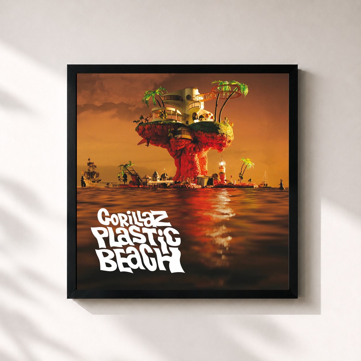 #noir Plastic Beach by Gorillaz as a square framed art print, black 32x32 cm frame