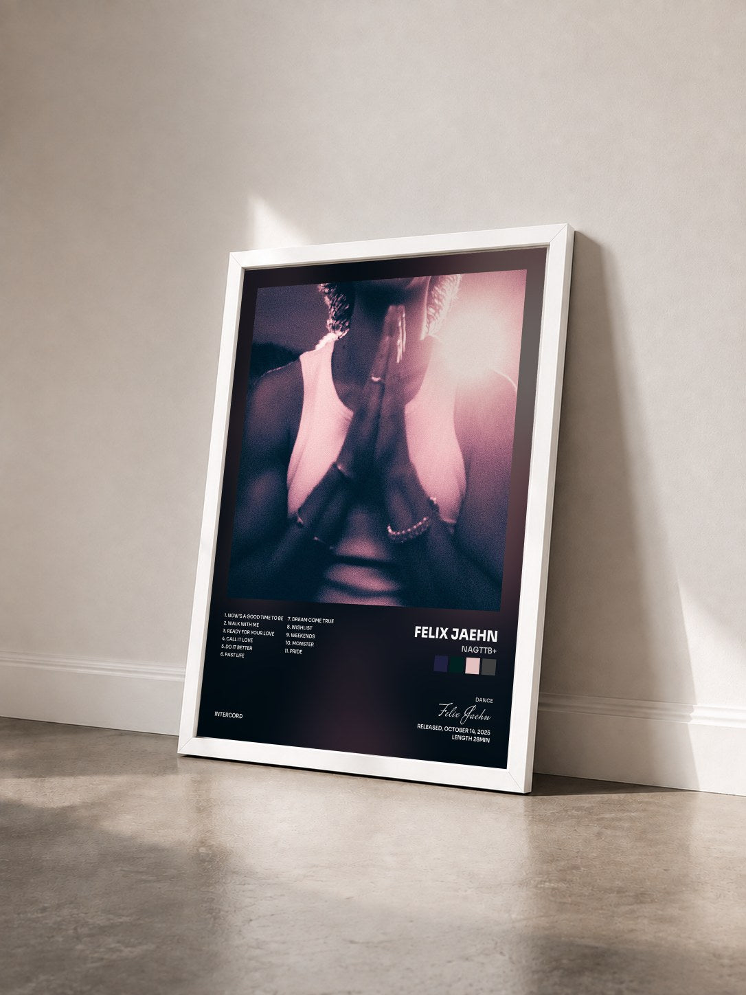 #blanc Tableau de l'album NAGTTB+ de Felix Jaehn vu de trois quarts, cadre blanc