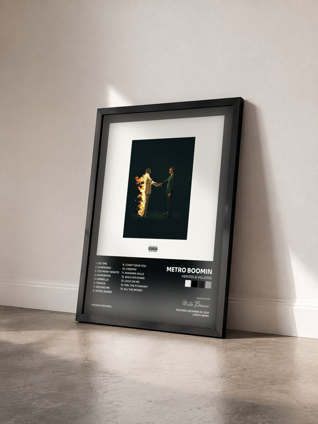 #noir Tableau de l'album HEROES & VILLAINS de Metro Boomin vu de trois quarts, cadre noir