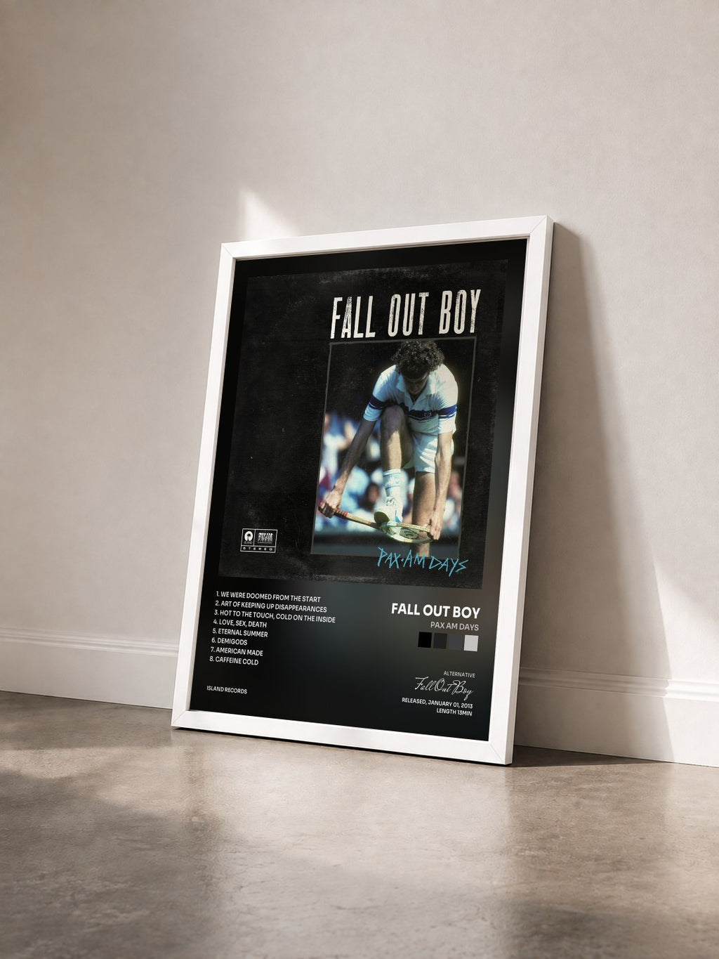 #blanc PAX AM Days by Fall Out Boy as a framed art print seen at an angle, white frame