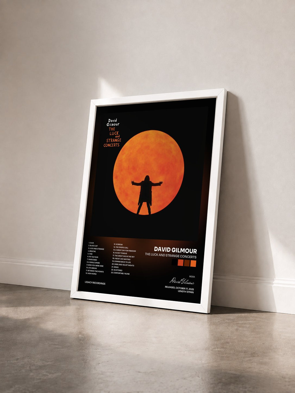 #blanc Tableau de l'album The Luck and Strange Concerts de David Gilmour vu de trois quarts, cadre blanc
