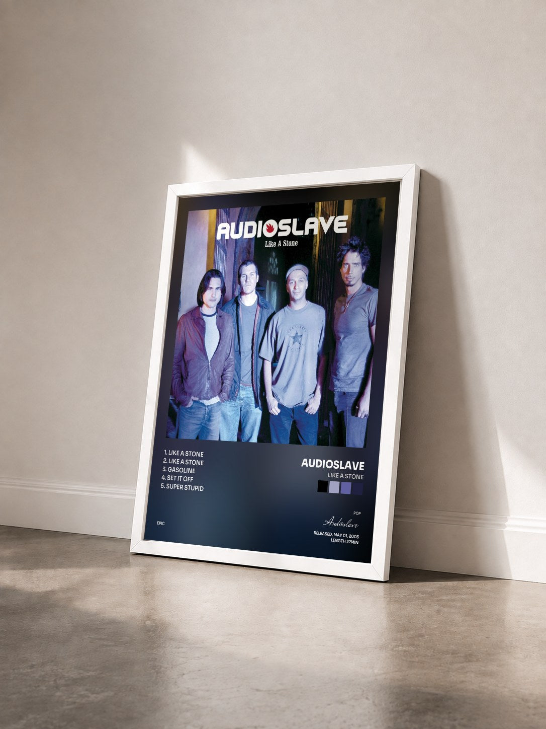 #blanc Tableau de l'album Like A Stone de Audioslave vu de trois quarts, cadre blanc