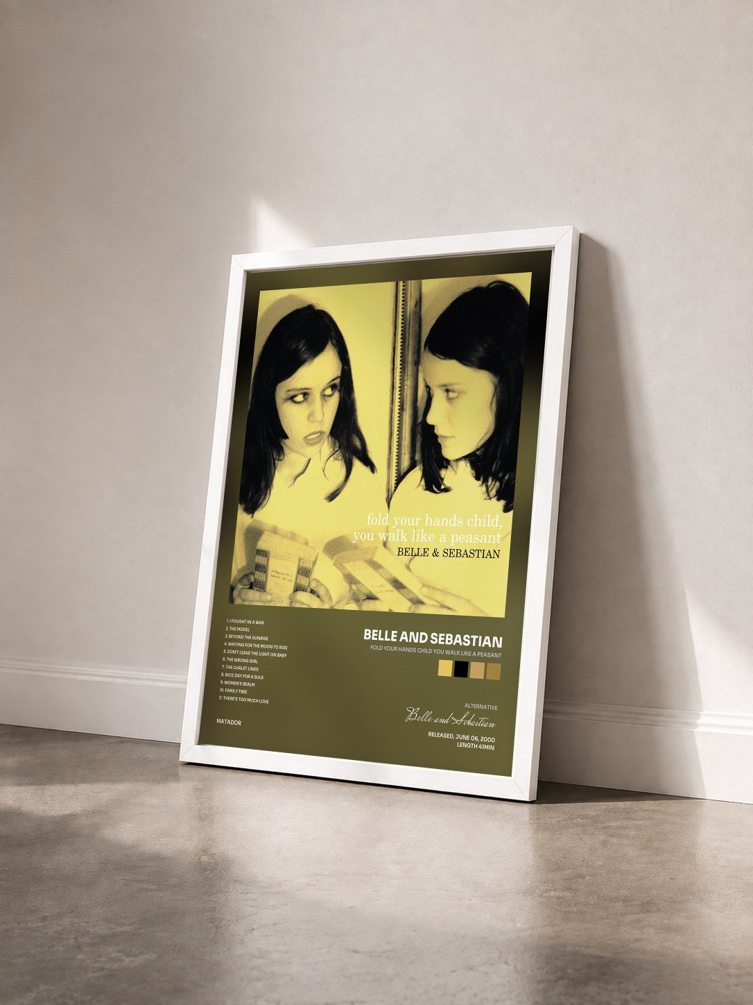 #blanc Tableau de l'album Fold Your Hands Child You Walk Like a Peasant de Belle and Sebastian vu de trois quarts, cadre blanc