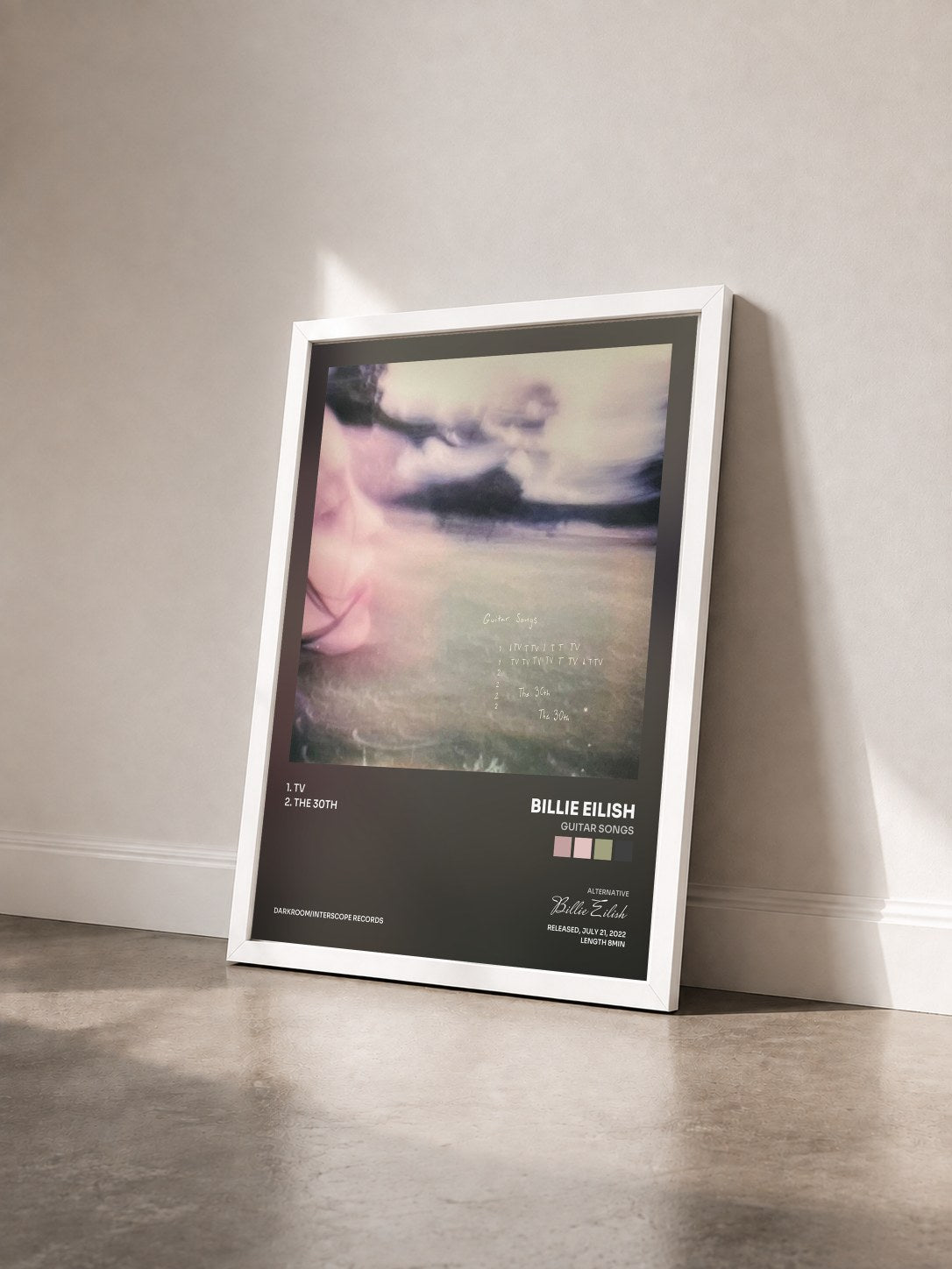 #blanc Tableau de l'album Guitar Songs de Billie Eilish vu de trois quarts, cadre blanc