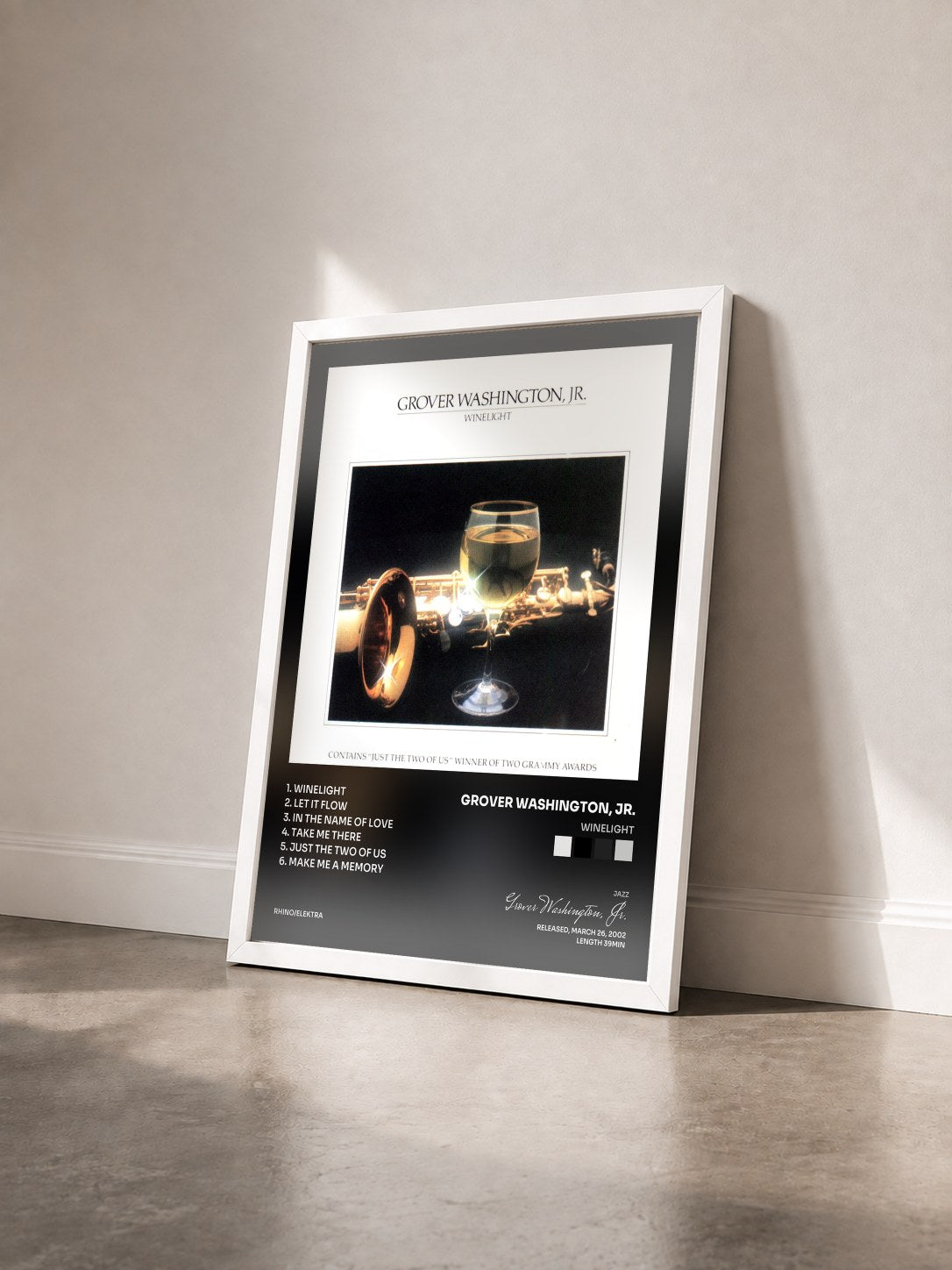 #blanc Tableau de l'album Winelight de Grover Washington, Jr. vu de trois quarts, cadre blanc