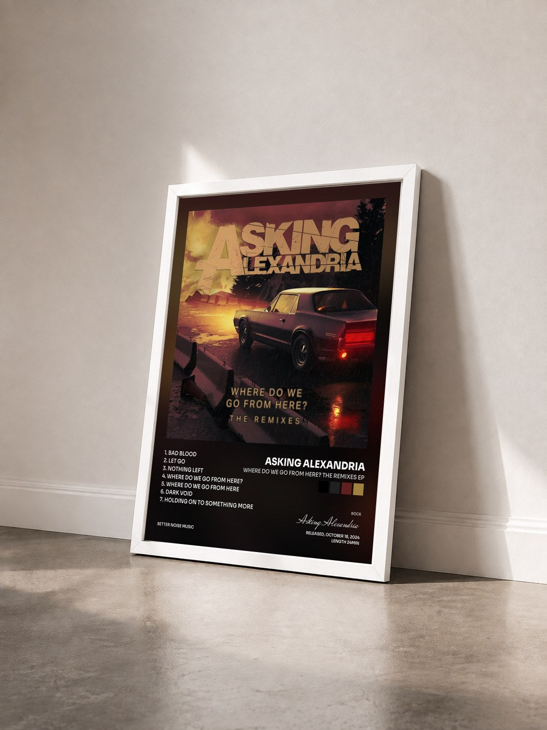 #blanc Tableau de l'album Where Do We Go From Here? The Remixes EP de Asking Alexandria vu de trois quarts, cadre blanc