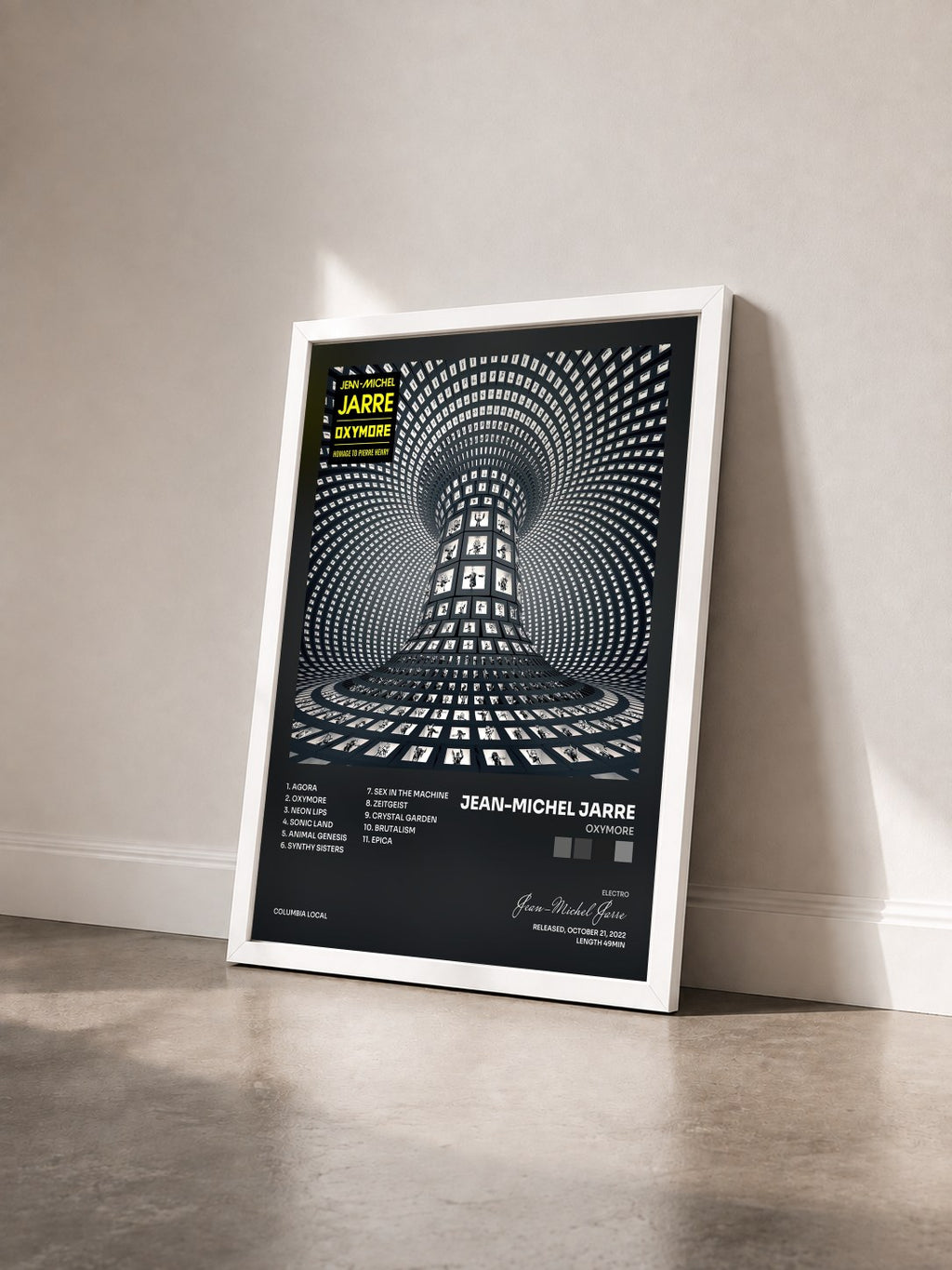 #blanc Tableau de l'album OXYMORE de Jean-Michel Jarre vu de trois quarts, cadre blanc