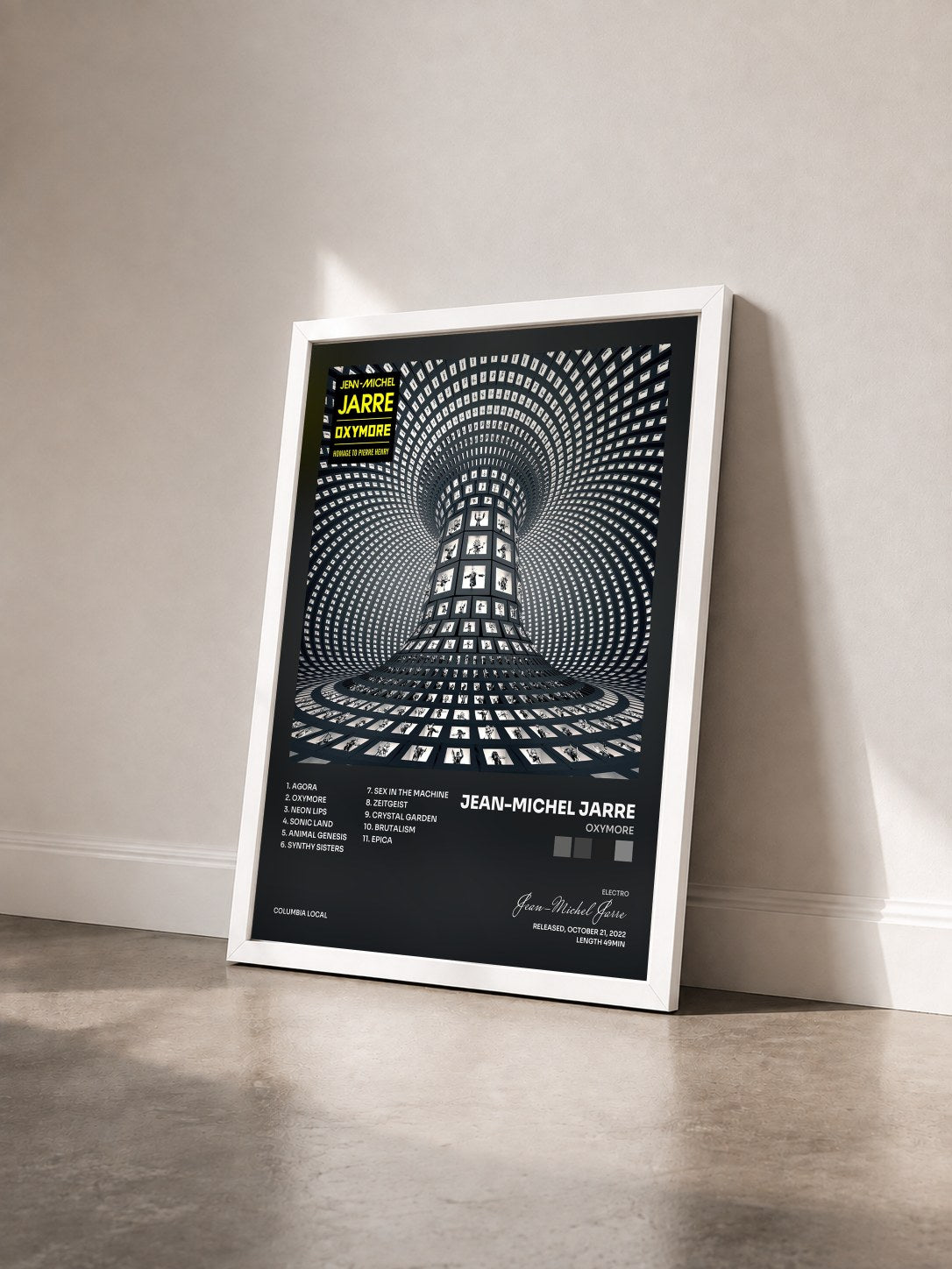 #blanc Tableau de l'album OXYMORE de Jean-Michel Jarre vu de trois quarts, cadre blanc
