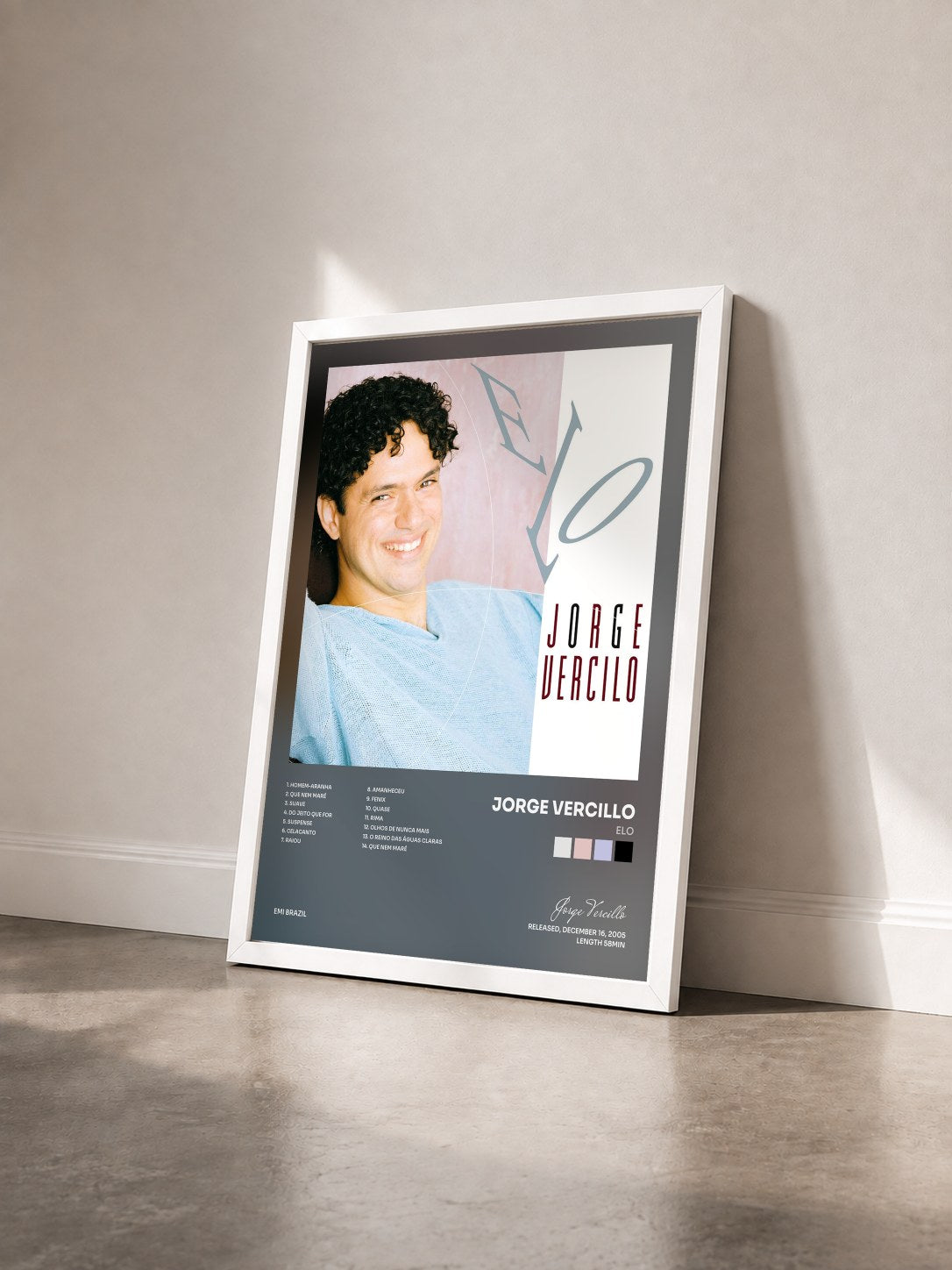 #blanc Tableau de l'album Elo de Jorge Vercillo vu de trois quarts, cadre blanc