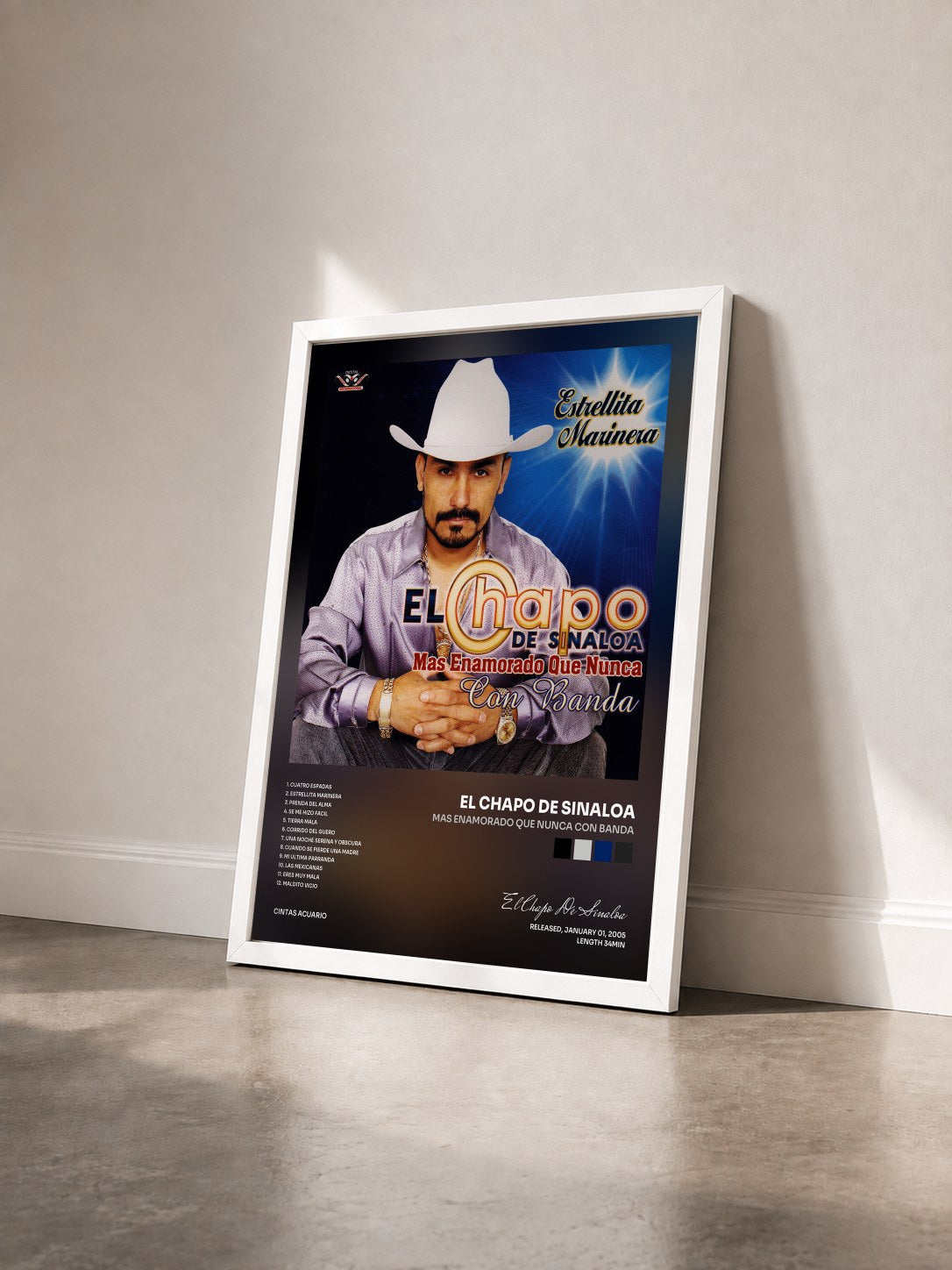 #blanc Tableau de l'album Mas Enamorado Que Nunca Con Banda de El Chapo De Sinaloa vu de trois quarts, cadre blanc