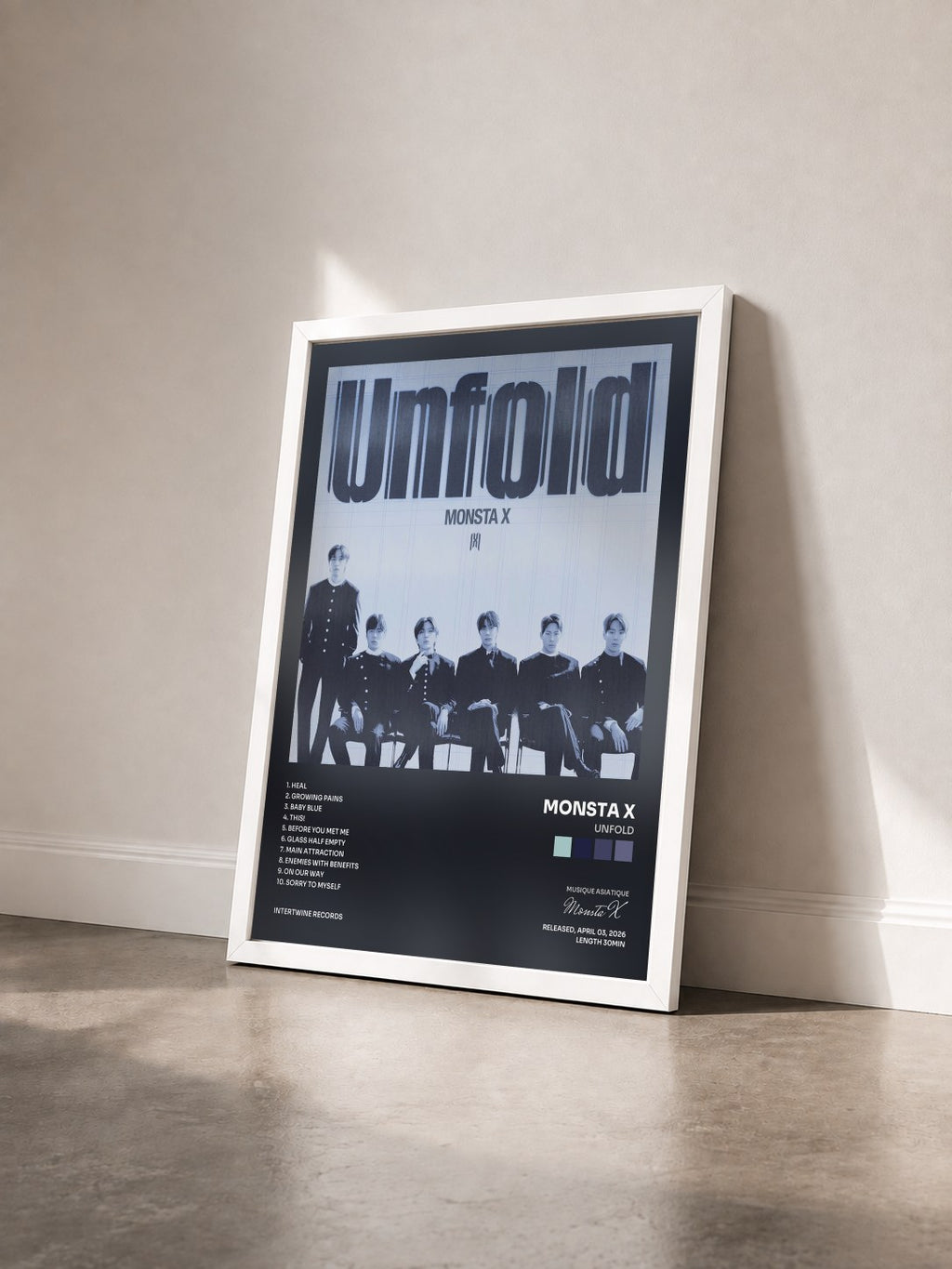 #blanc Unfold by Monsta X as a framed art print seen at an angle, white frame
