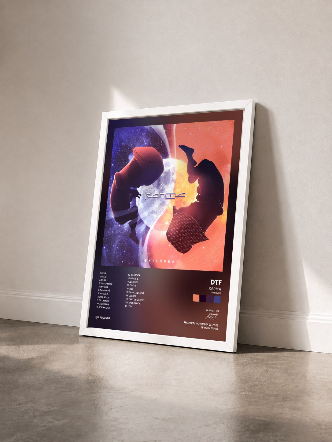 #blanc Karma (Extended) by DTF as a framed art print seen at an angle, white frame