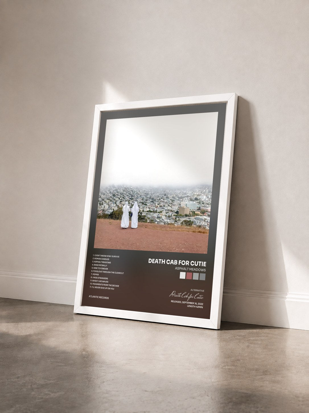 #blanc Tableau de l'album Asphalt Meadows de Death Cab for Cutie vu de trois quarts, cadre blanc