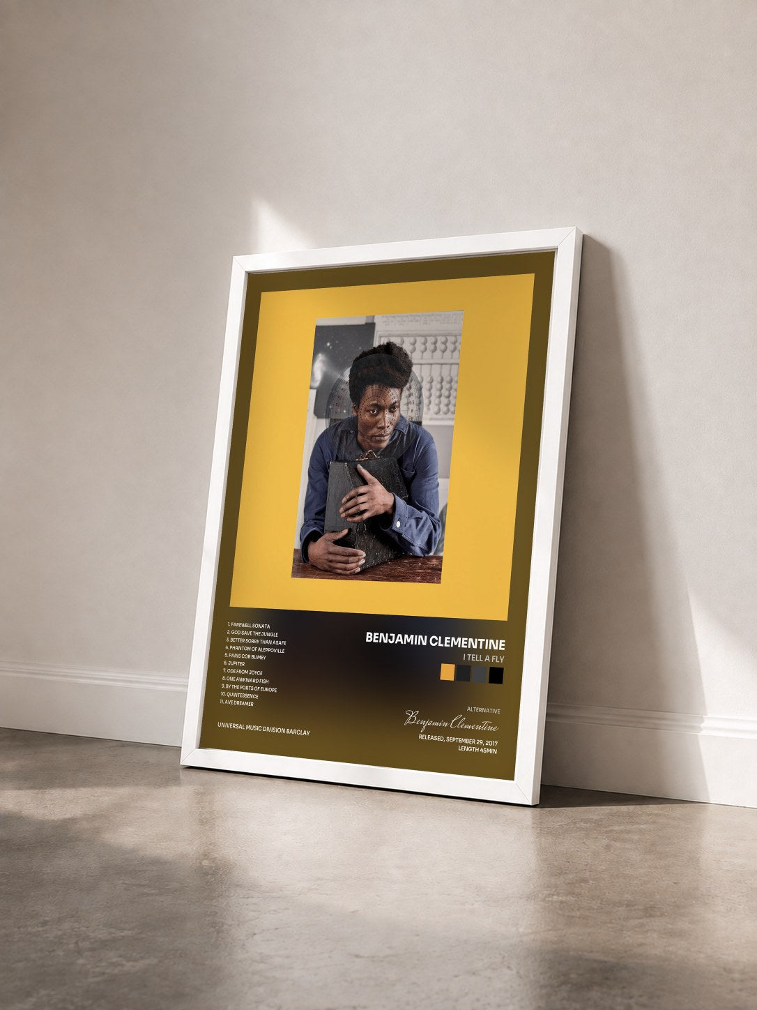 #blanc Tableau de l'album I Tell A Fly de Benjamin Clementine vu de trois quarts, cadre blanc