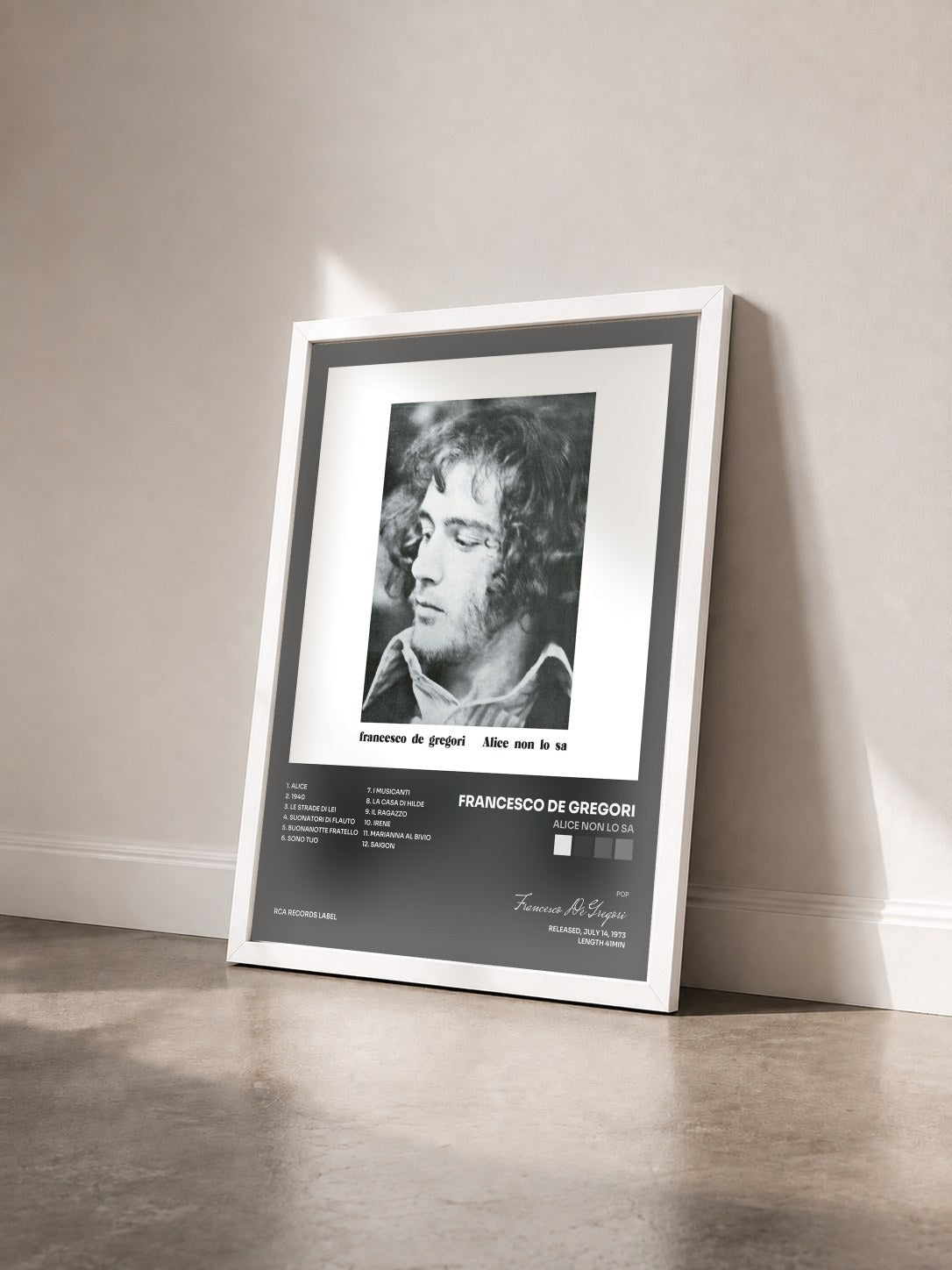 #blanc Tableau de l'album Alice Non Lo Sa de Francesco De Gregori vu de trois quarts, cadre blanc