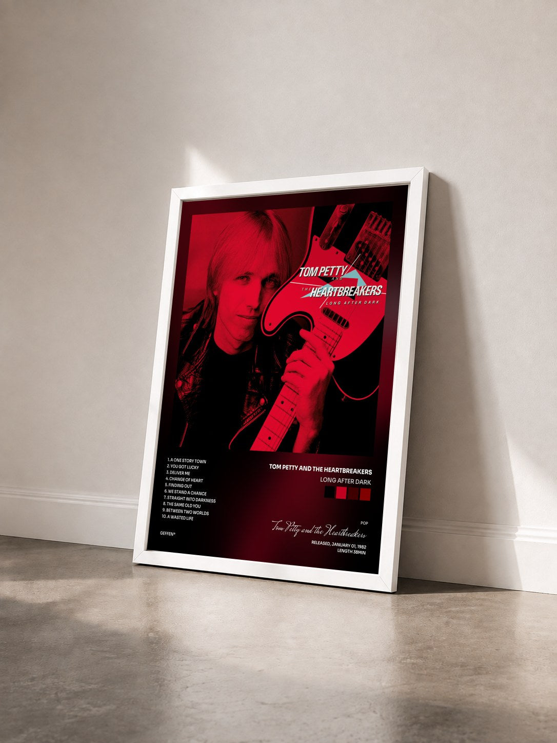 #blanc Tableau de l'album Long After Dark de Tom Petty and the Heartbreakers vu de trois quarts, cadre blanc