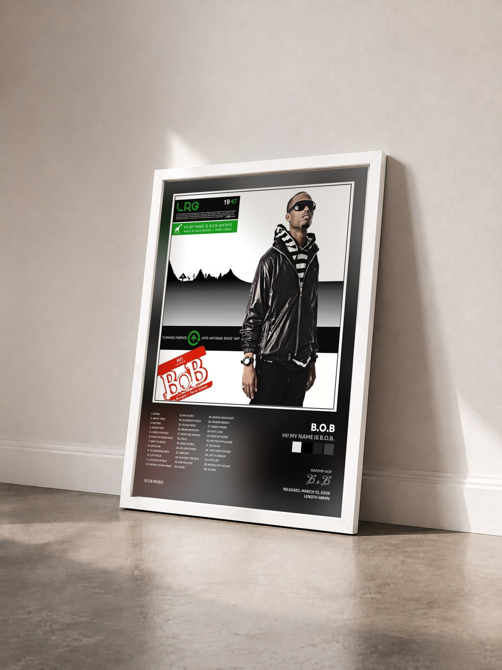 #blanc Tableau de l'album Hi! My Name Is B.o.B. de B.o.B vu de trois quarts, cadre blanc