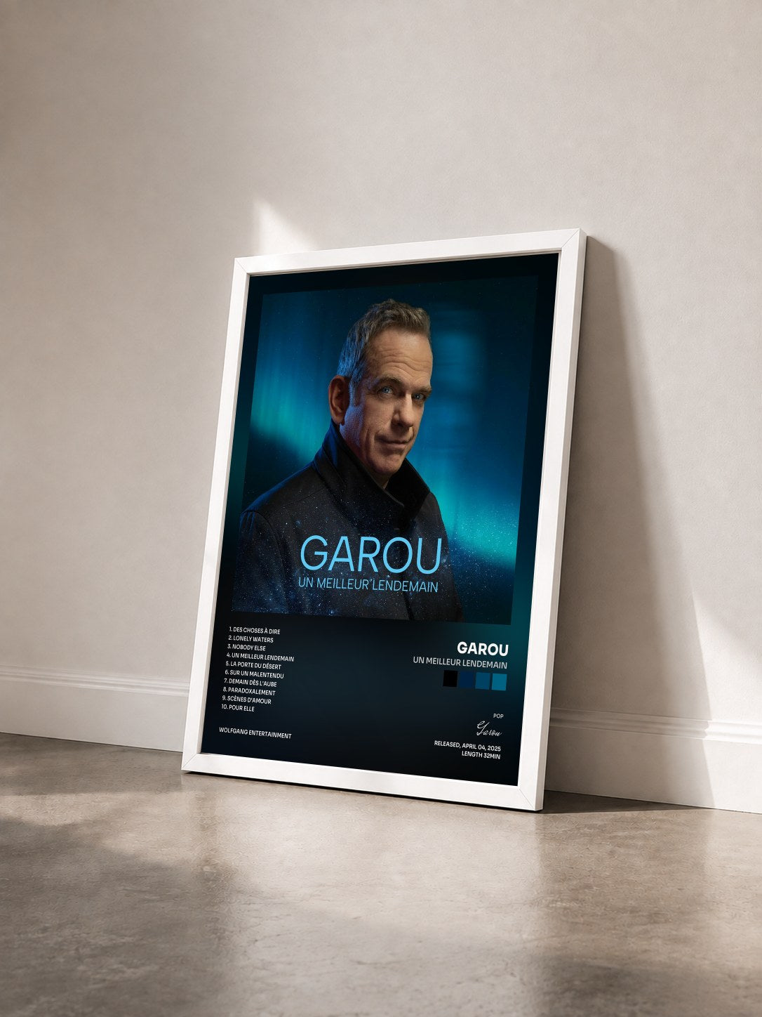 #blanc Un meilleur lendemain by Garou as a framed art print seen at an angle, white frame