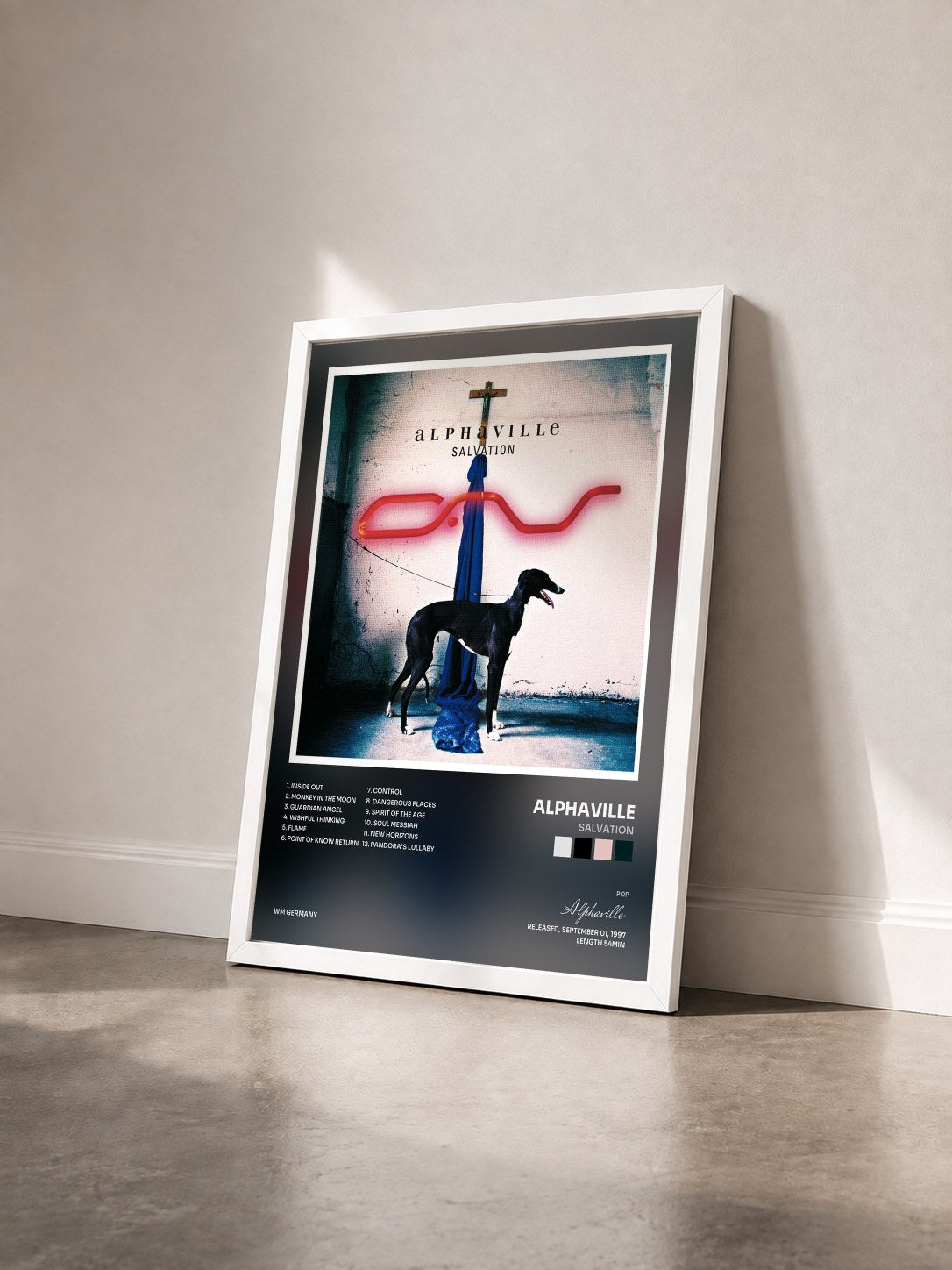 #blanc Tableau de l'album Salvation de Alphaville vu de trois quarts, cadre blanc