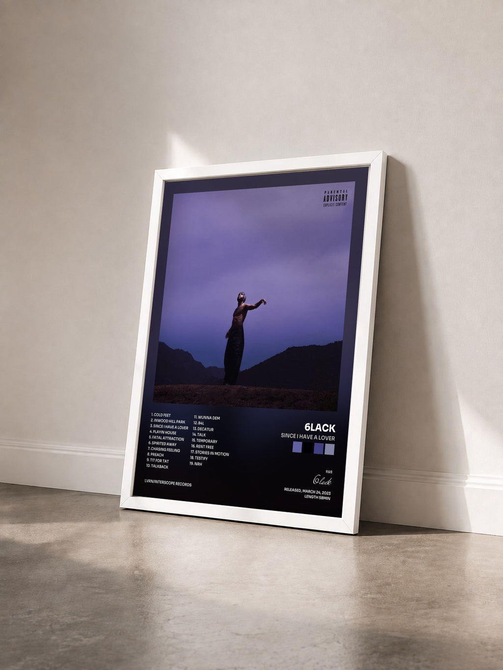 #blanc Since I Have A Lover by 6lack as a framed art print seen at an angle, white frame
