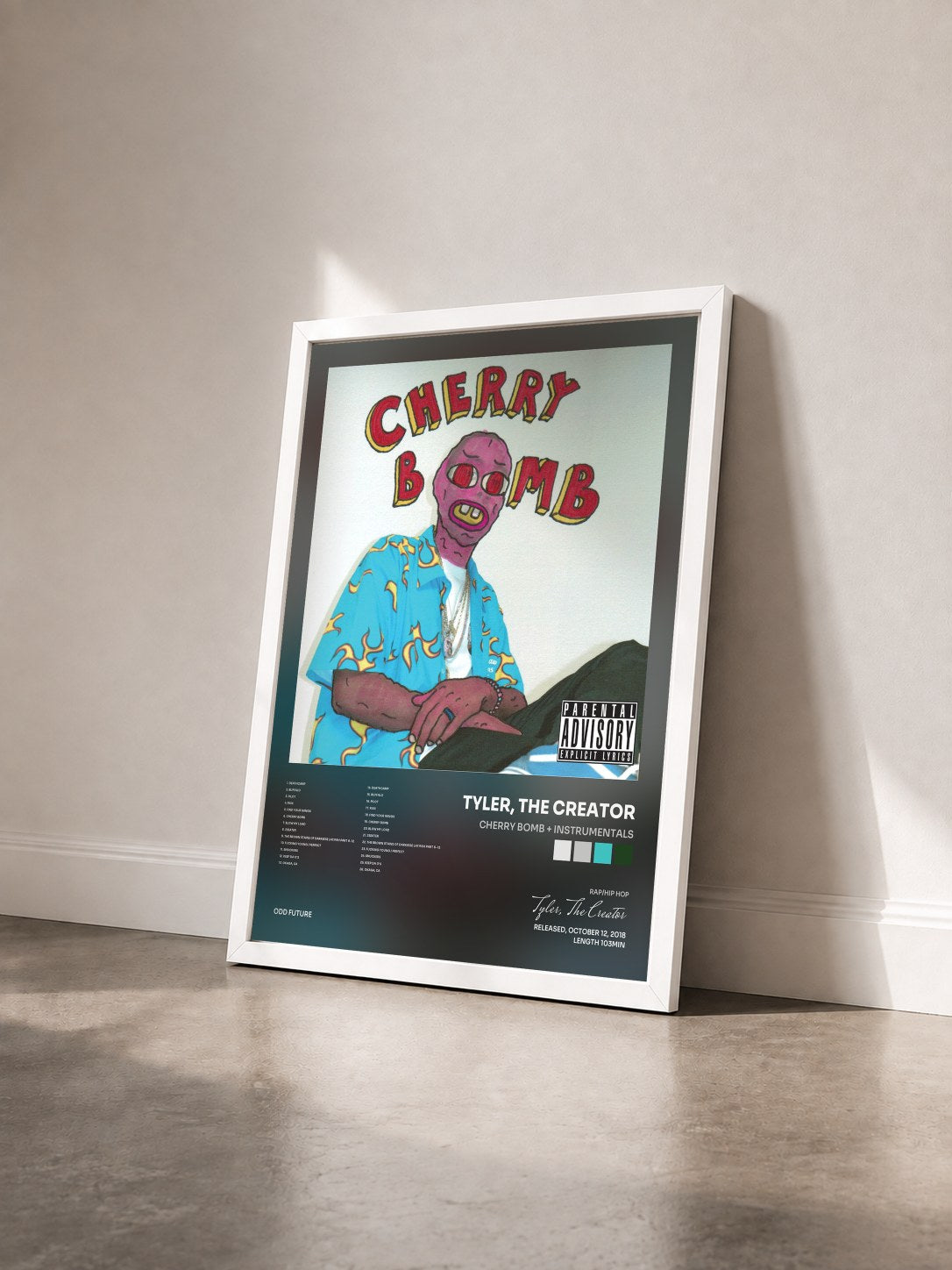 #blanc Cherry Bomb + Instrumentals de Tyler, The Creator en lámina enmarcada vista de tres cuartos, marco blanco