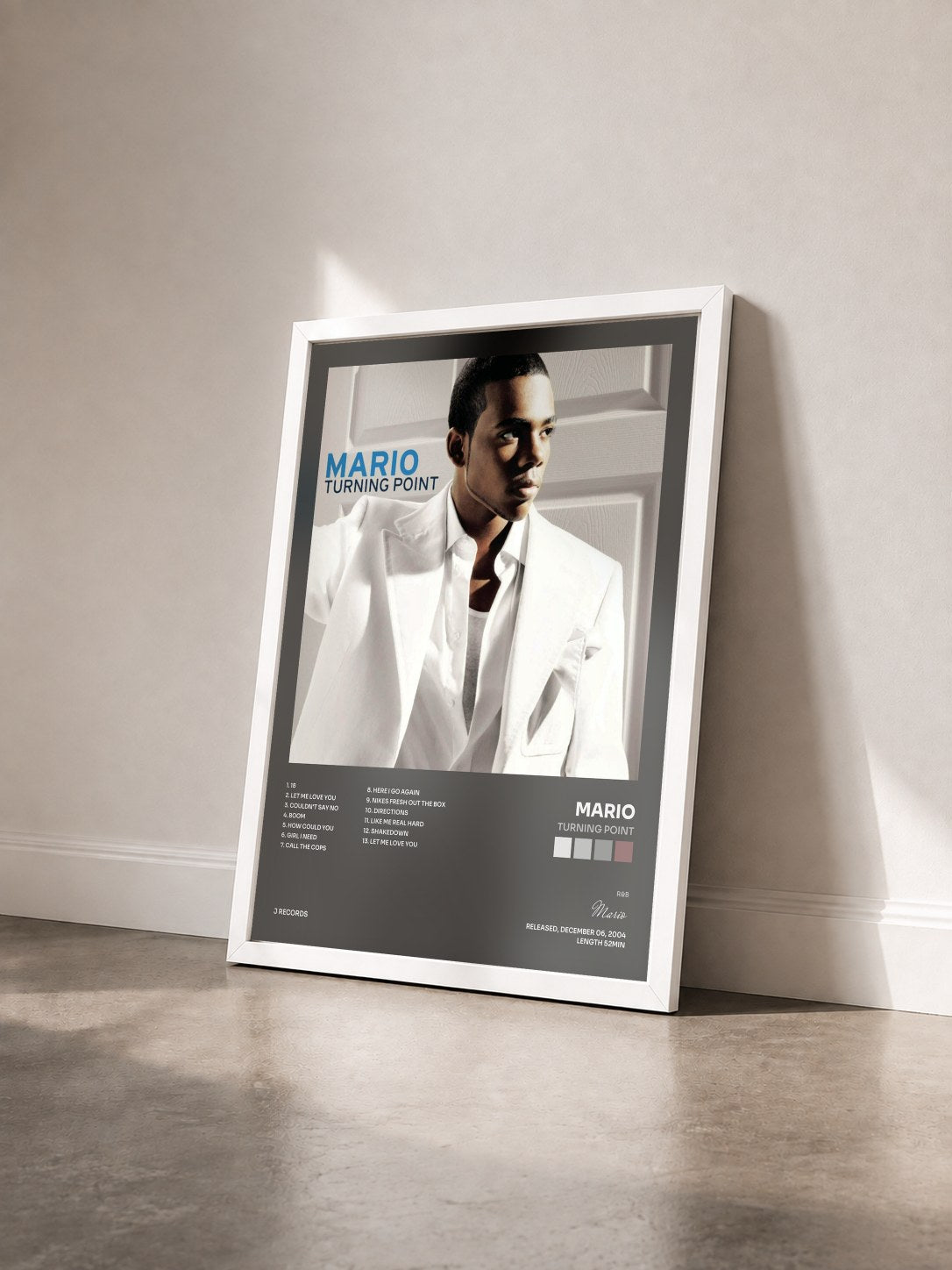 #blanc Tableau de l'album Turning Point de Mario vu de trois quarts, cadre blanc