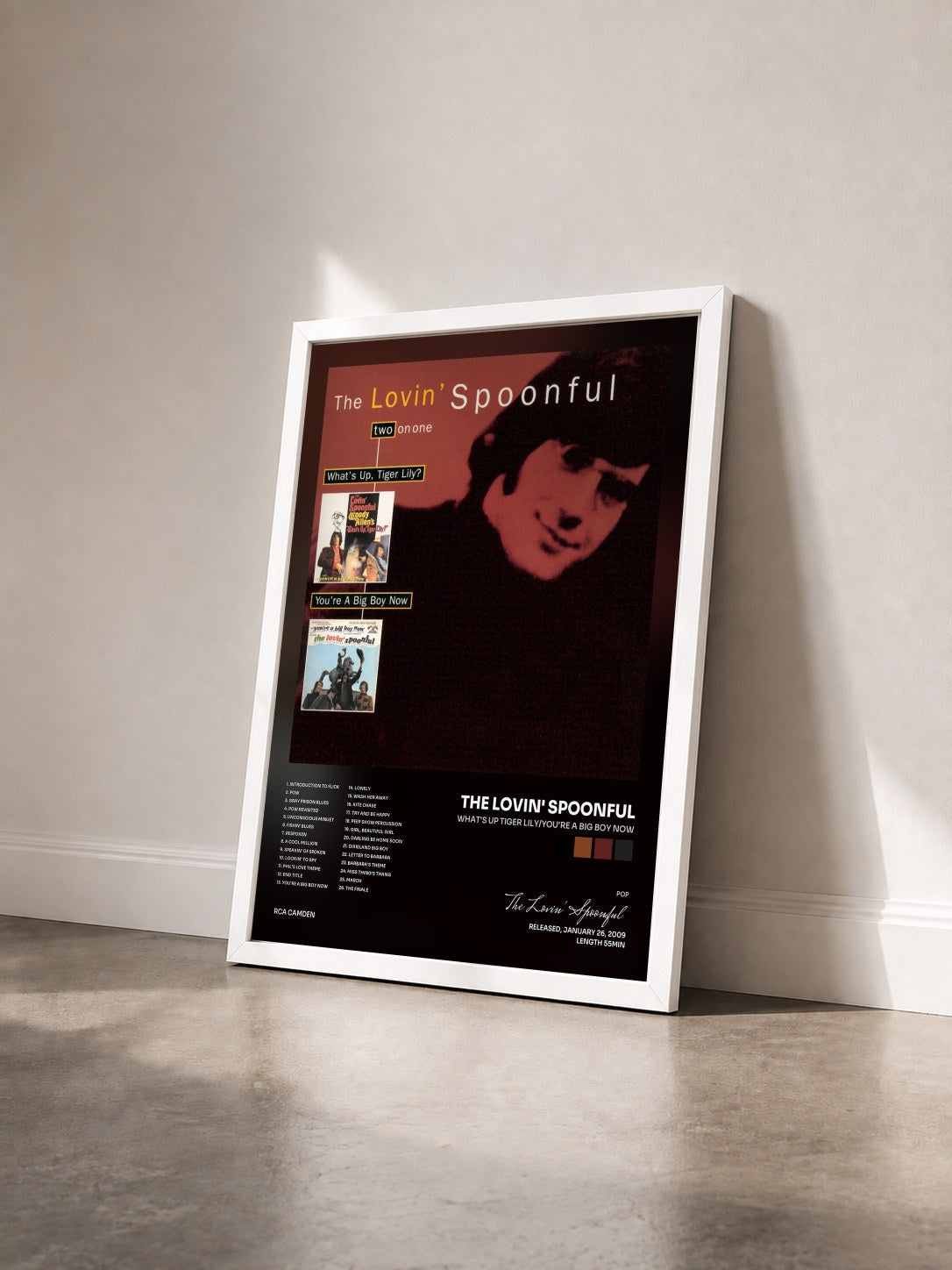 #blanc Tableau de l'album What's Up Tiger Lily/You're A Big Boy Now de The Lovin' Spoonful vu de trois quarts, cadre blanc
