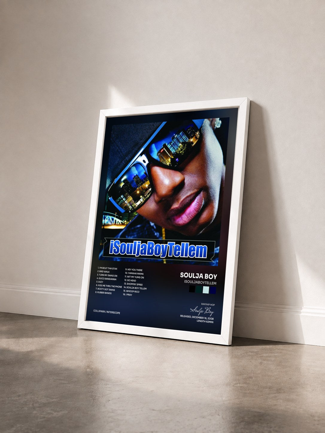 #blanc iSouljaBoyTellem by Soulja Boy as a framed art print seen at an angle, white frame