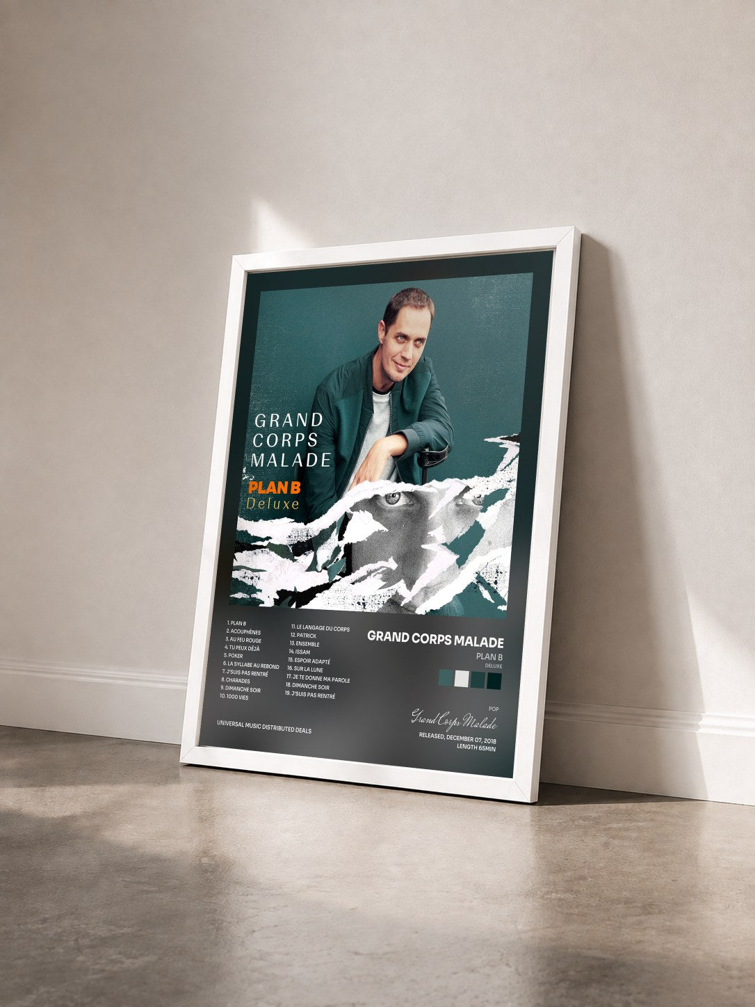 #blanc Tableau de l'album Plan B (Deluxe) de Grand Corps Malade vu de trois quarts, cadre blanc