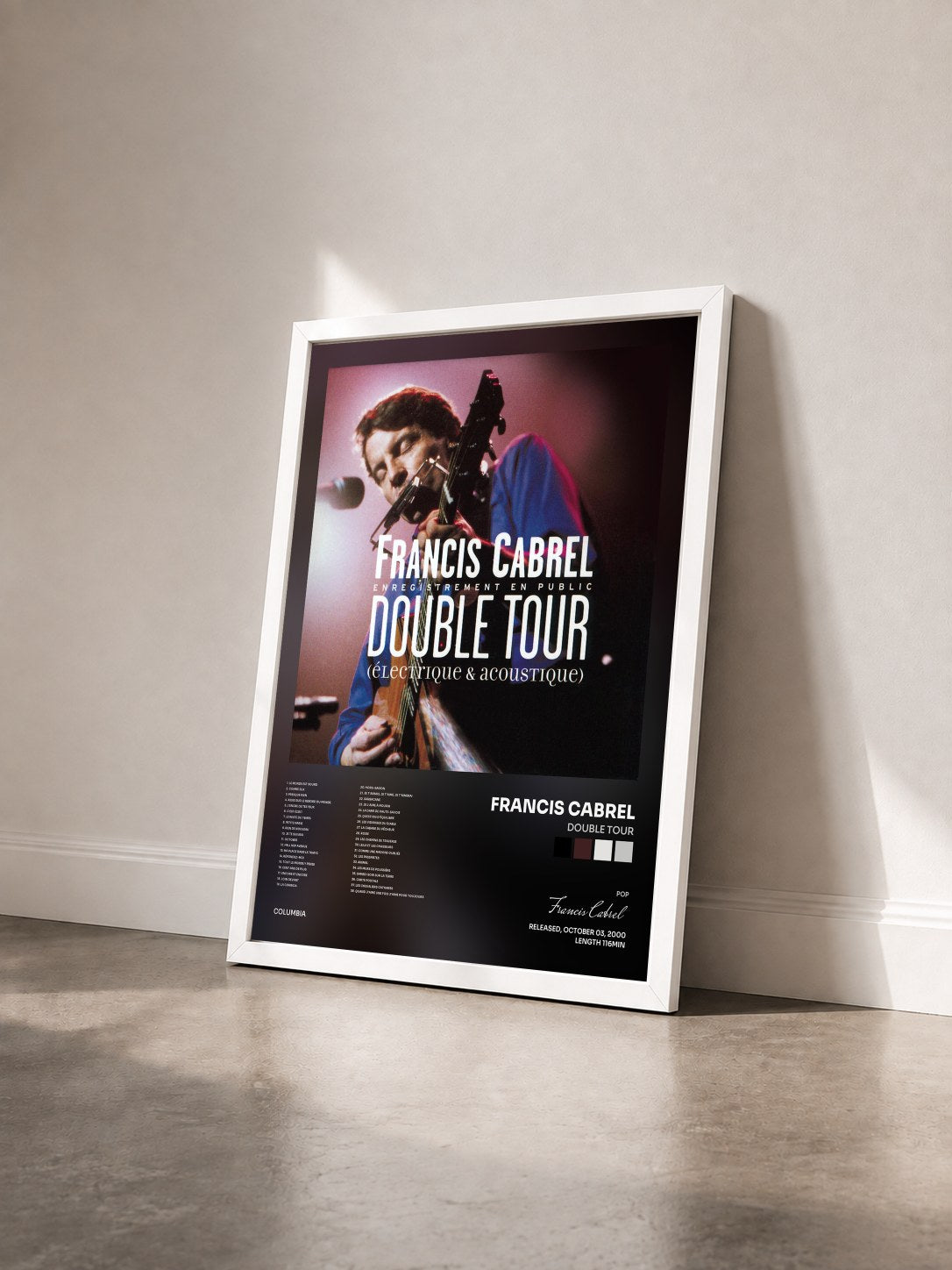#blanc Tableau de l'album Double Tour de Francis Cabrel vu de trois quarts, cadre blanc