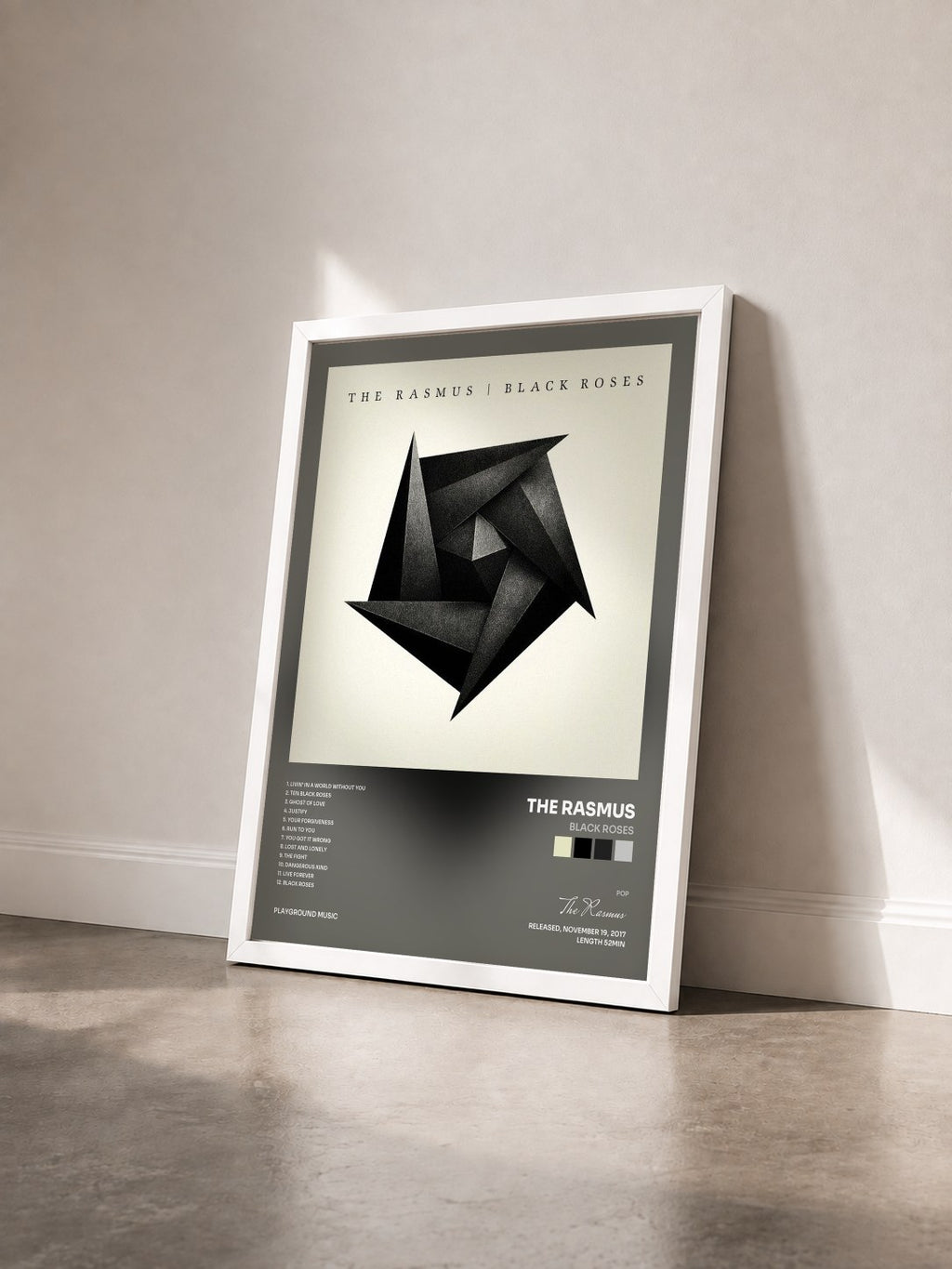 #blanc Tableau de l'album Black Roses de The Rasmus vu de trois quarts, cadre blanc