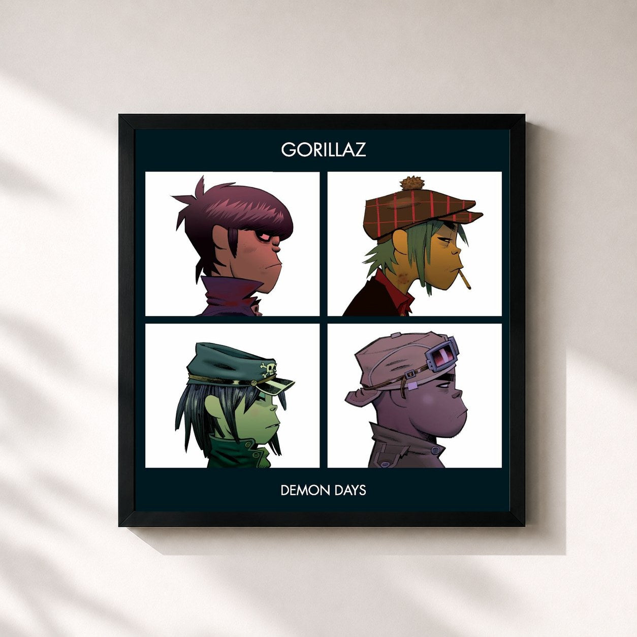 #noir Demon Days di Gorillaz in stampa quadrata incorniciata, cornice nera 32x32 cm