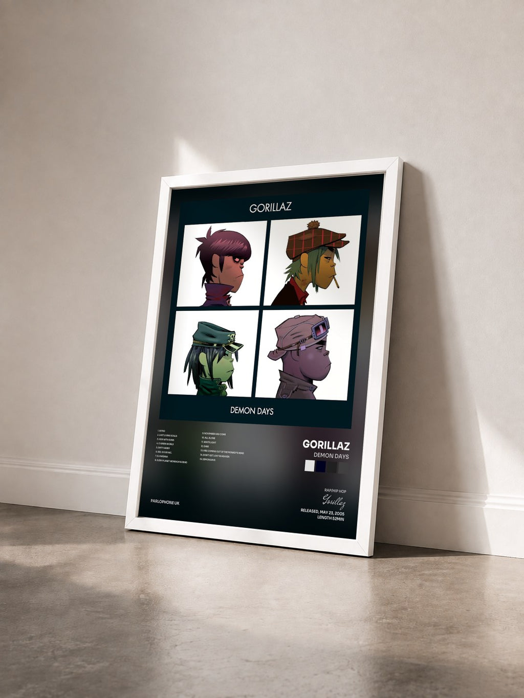 #blanc Tableau de l'album Demon Days de Gorillaz vu de trois quarts, cadre blanc