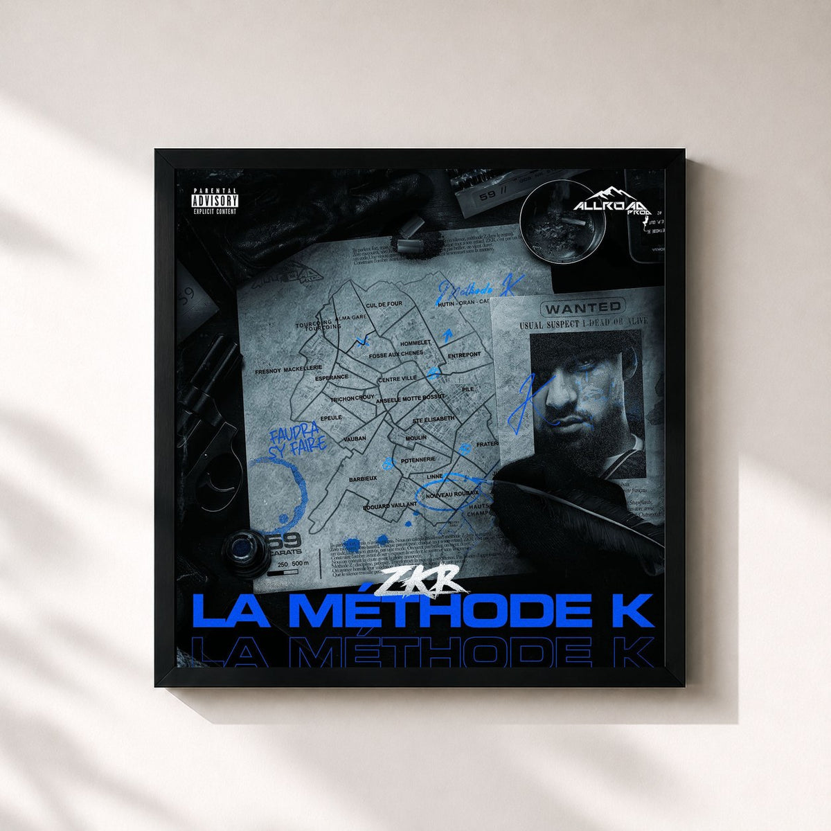 #noir Tableau carré de l'album La Méthode K de Zkr, cadre noir 32x32 cm