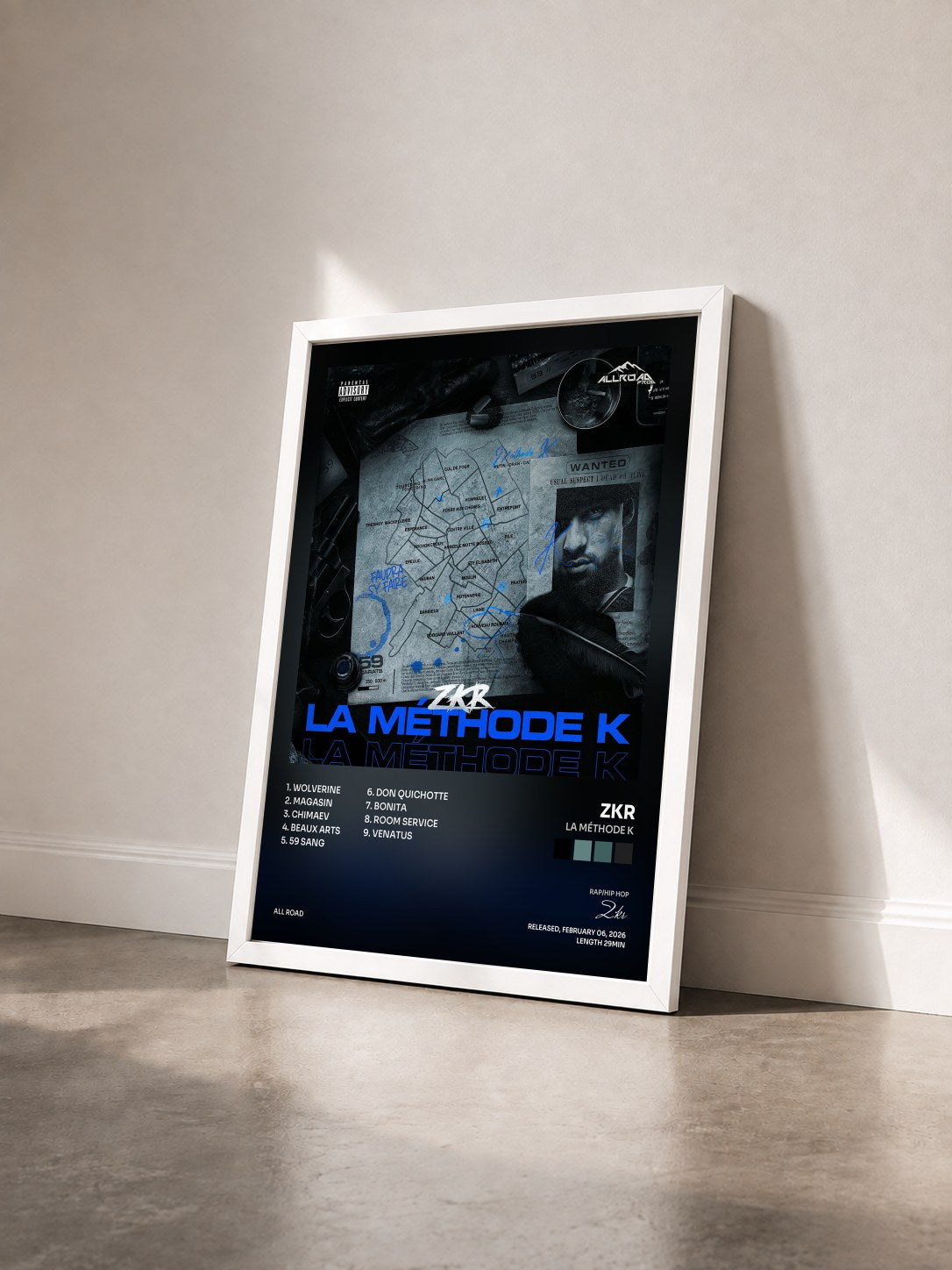 #blanc Tableau de l'album La Méthode K de Zkr vu de trois quarts, cadre blanc