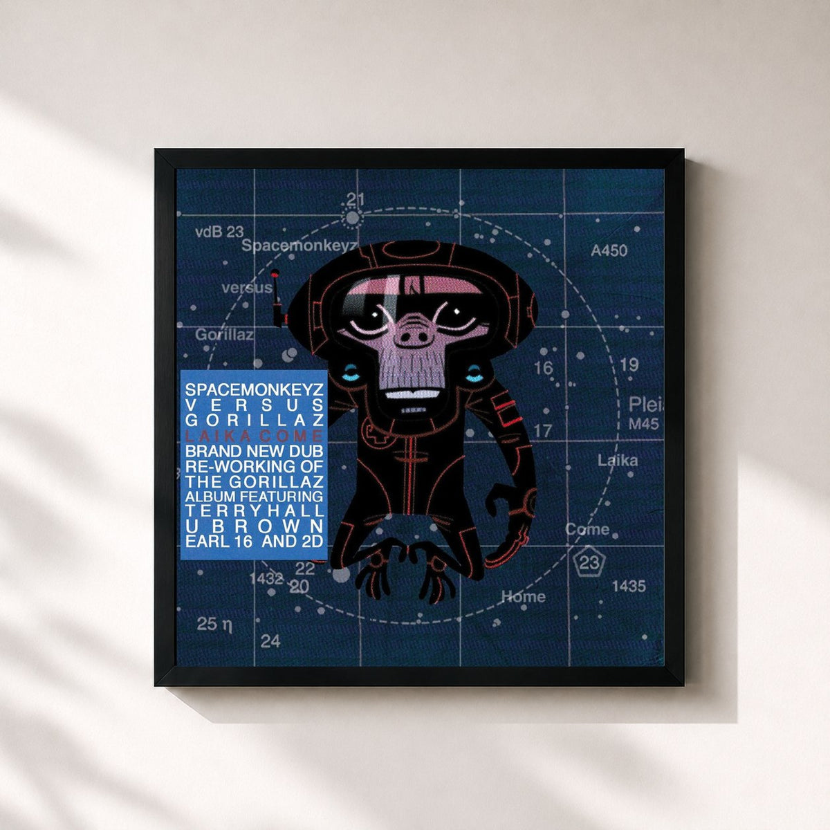 #noir Tableau carré de l'album Laika Come Home de Gorillaz, cadre noir 32x32 cm