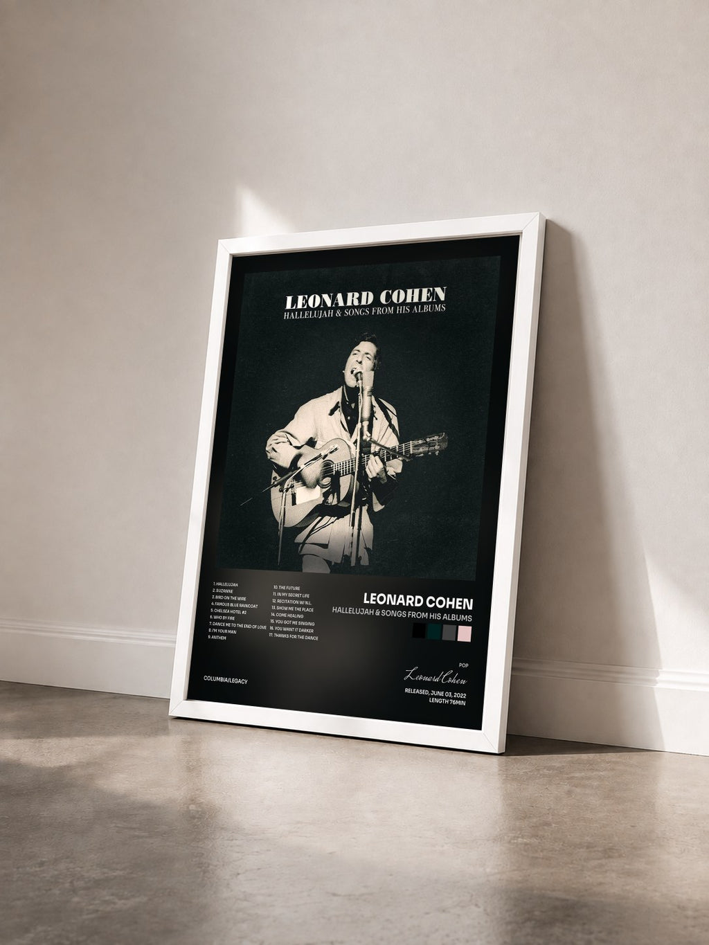 #blanc Tableau de l'album Hallelujah & Songs from His Albums de Leonard Cohen vu de trois quarts, cadre blanc