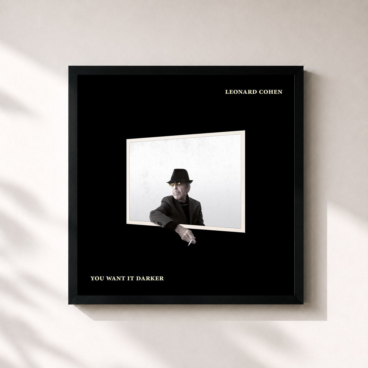 #noir You Want It Darker de Leonard Cohen en lámina cuadrada enmarcada, marco negro de 32x32 cm