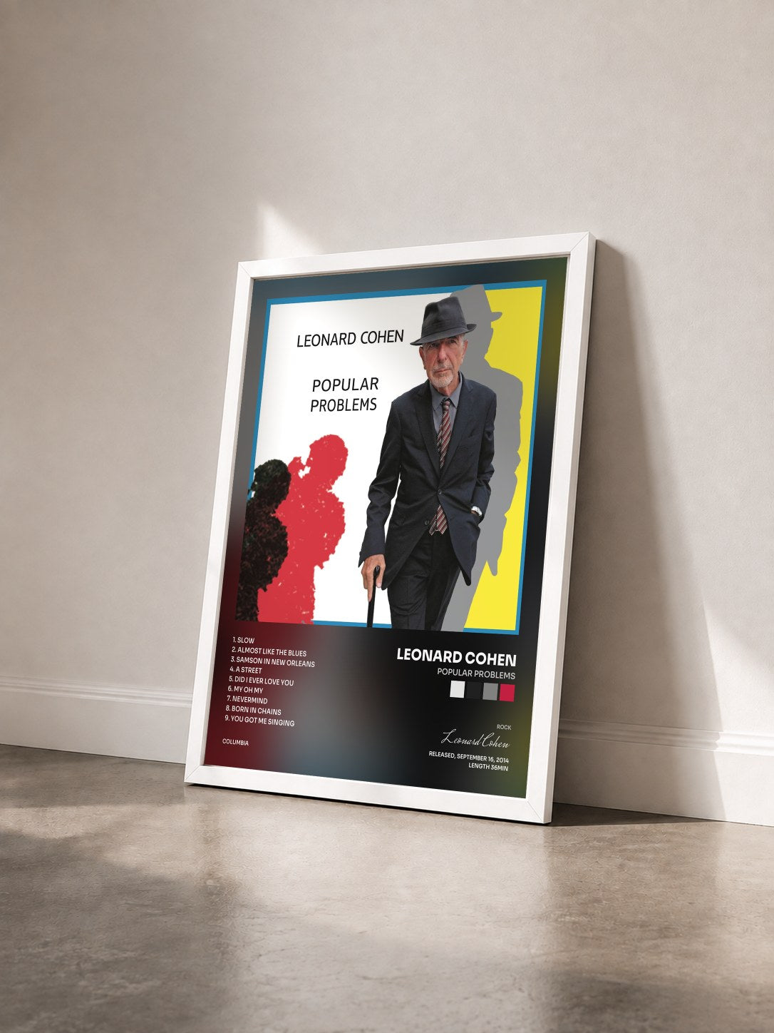 #blanc Tableau de l'album Popular Problems de Leonard Cohen vu de trois quarts, cadre blanc