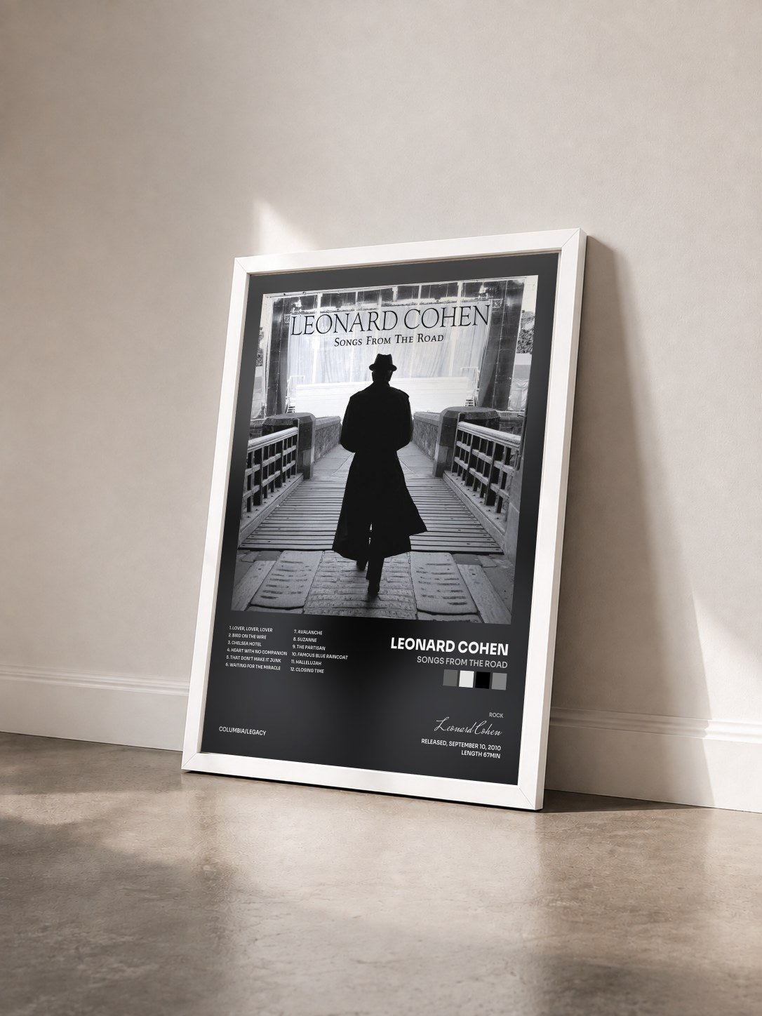 #blanc Tableau de l'album Songs From The Road de Leonard Cohen vu de trois quarts, cadre blanc