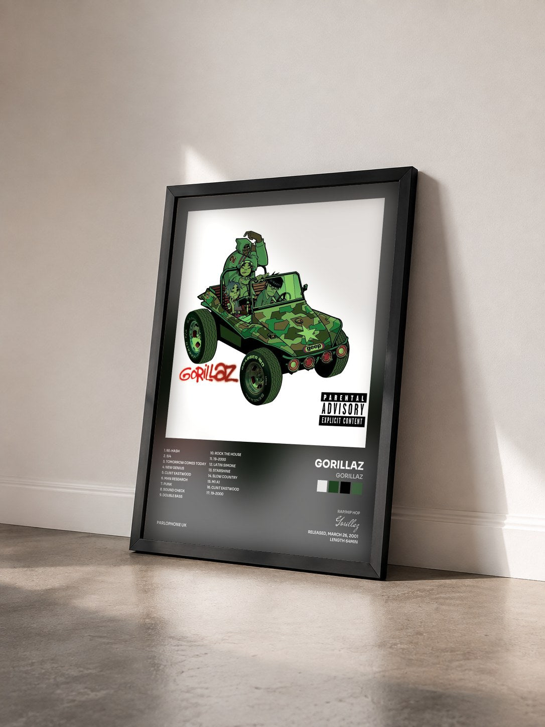 #noir Gorillaz by Gorillaz as a framed art print seen at an angle, black frame