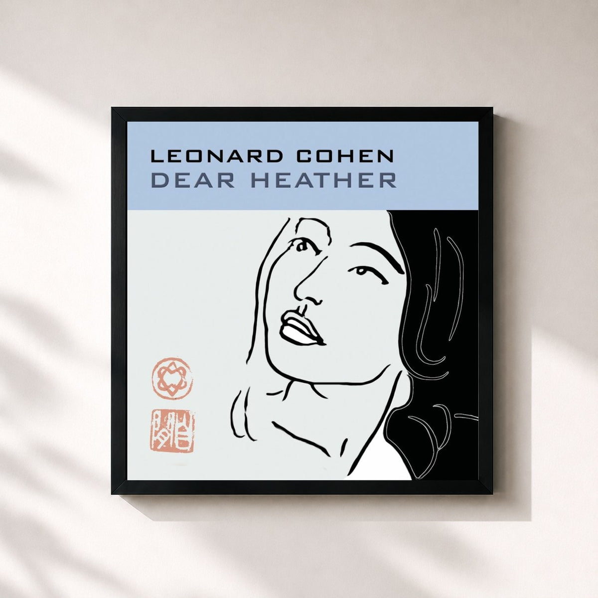 #noir Tableau carré de l'album Dear Heather de Leonard Cohen, cadre noir 32x32 cm