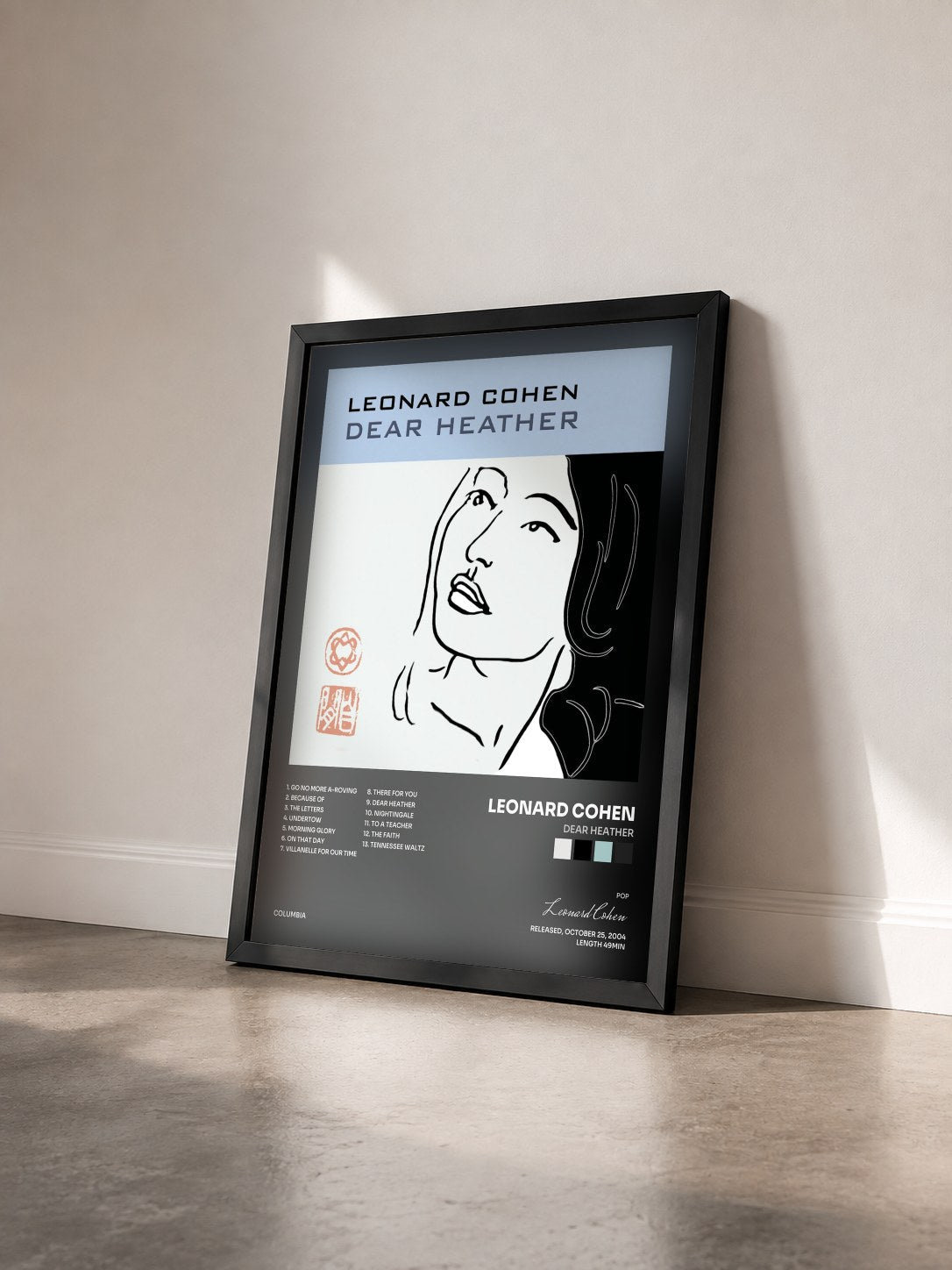 #noir Tableau de l'album Dear Heather de Leonard Cohen vu de trois quarts, cadre noir