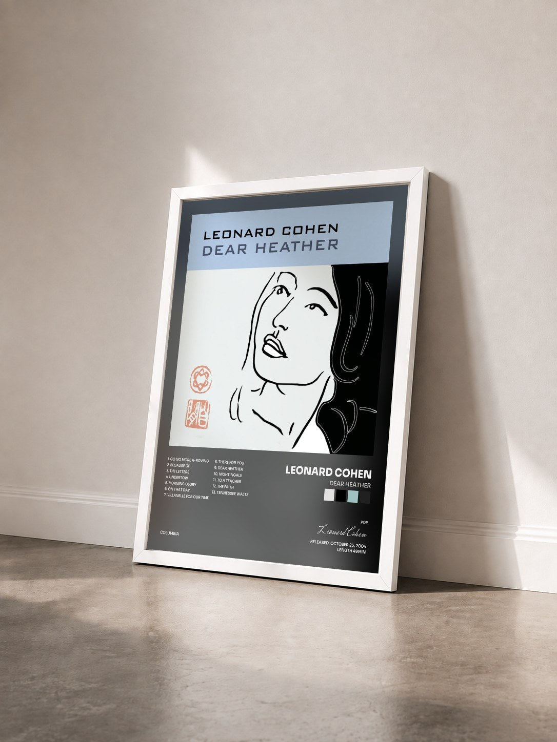 #blanc Tableau de l'album Dear Heather de Leonard Cohen vu de trois quarts, cadre blanc
