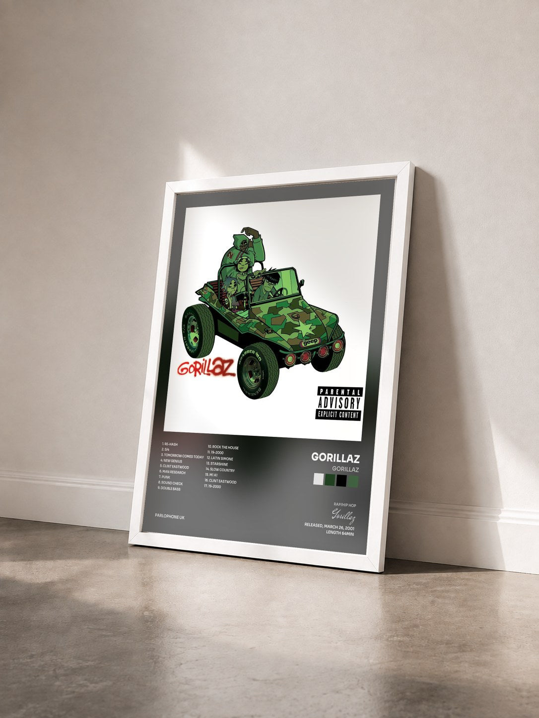 #blanc Gorillaz by Gorillaz as a framed art print seen at an angle, white frame