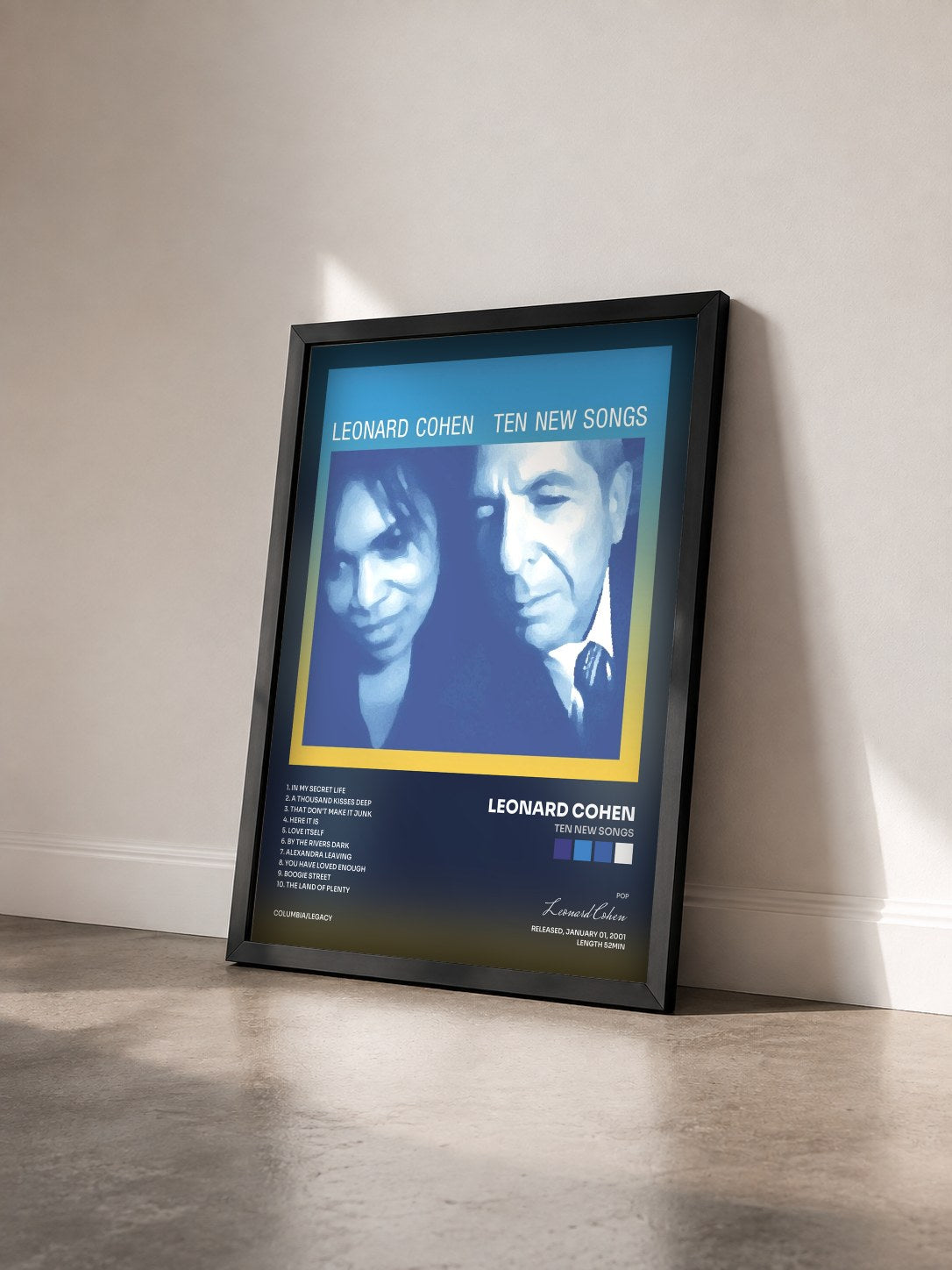 #noir Tableau de l'album Ten New Songs de Leonard Cohen vu de trois quarts, cadre noir