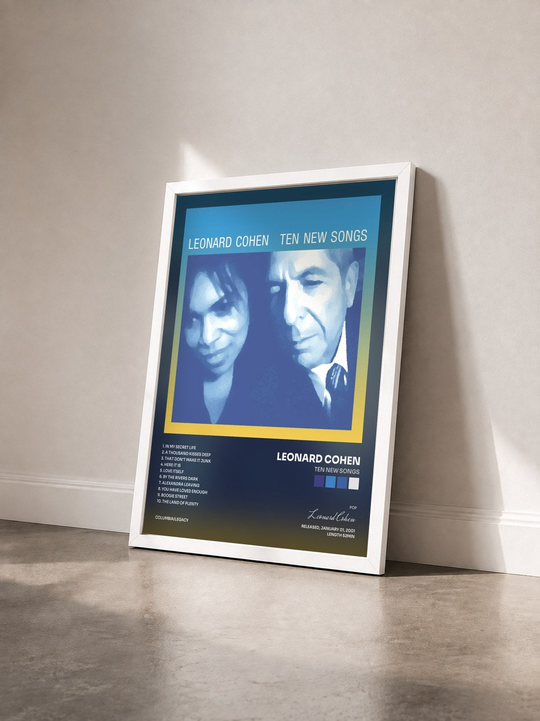 #blanc Tableau de l'album Ten New Songs de Leonard Cohen vu de trois quarts, cadre blanc