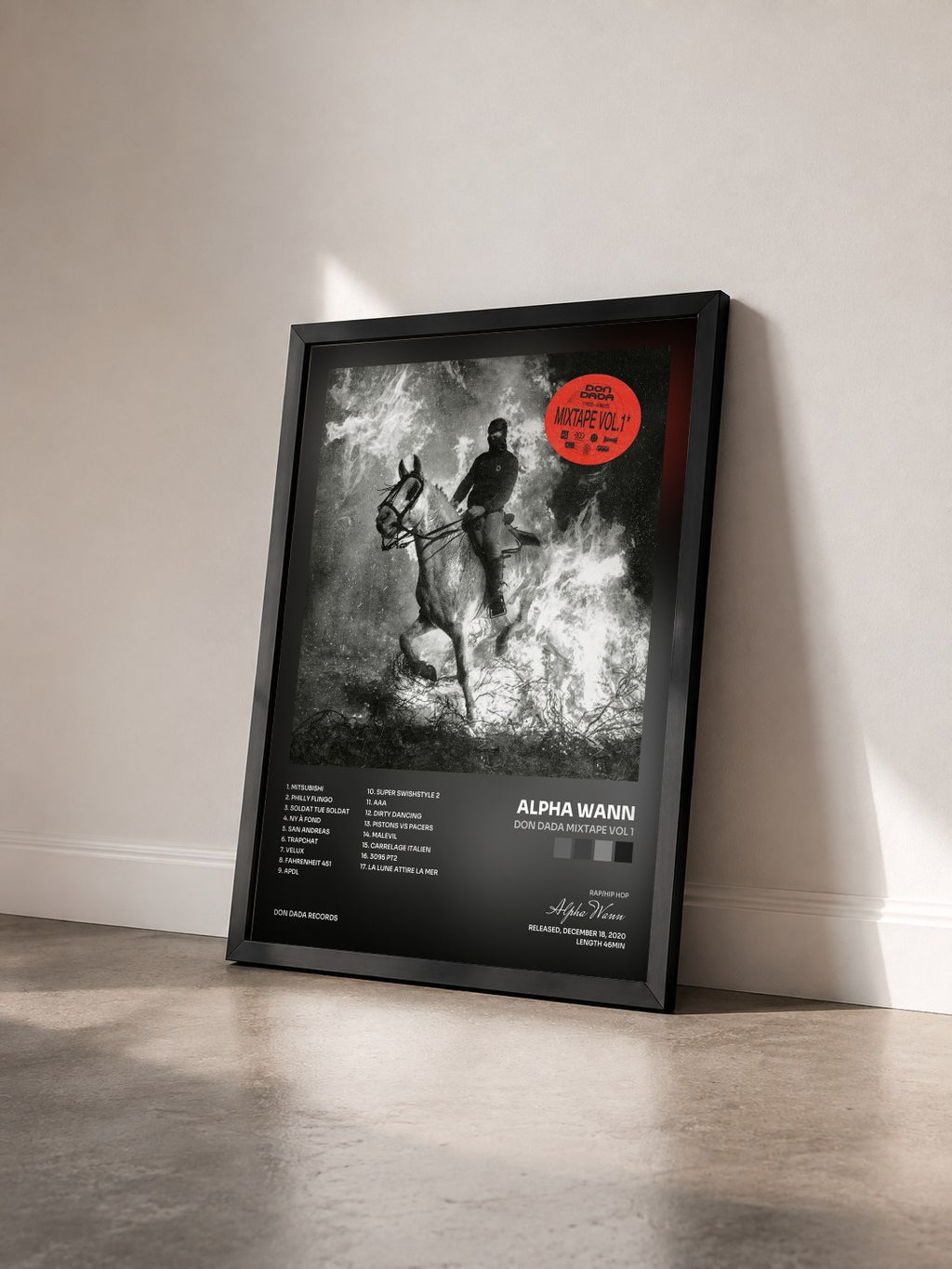 #noir don dada mixtape vol 1 by Alpha Wann as a framed art print seen at an angle, black frame